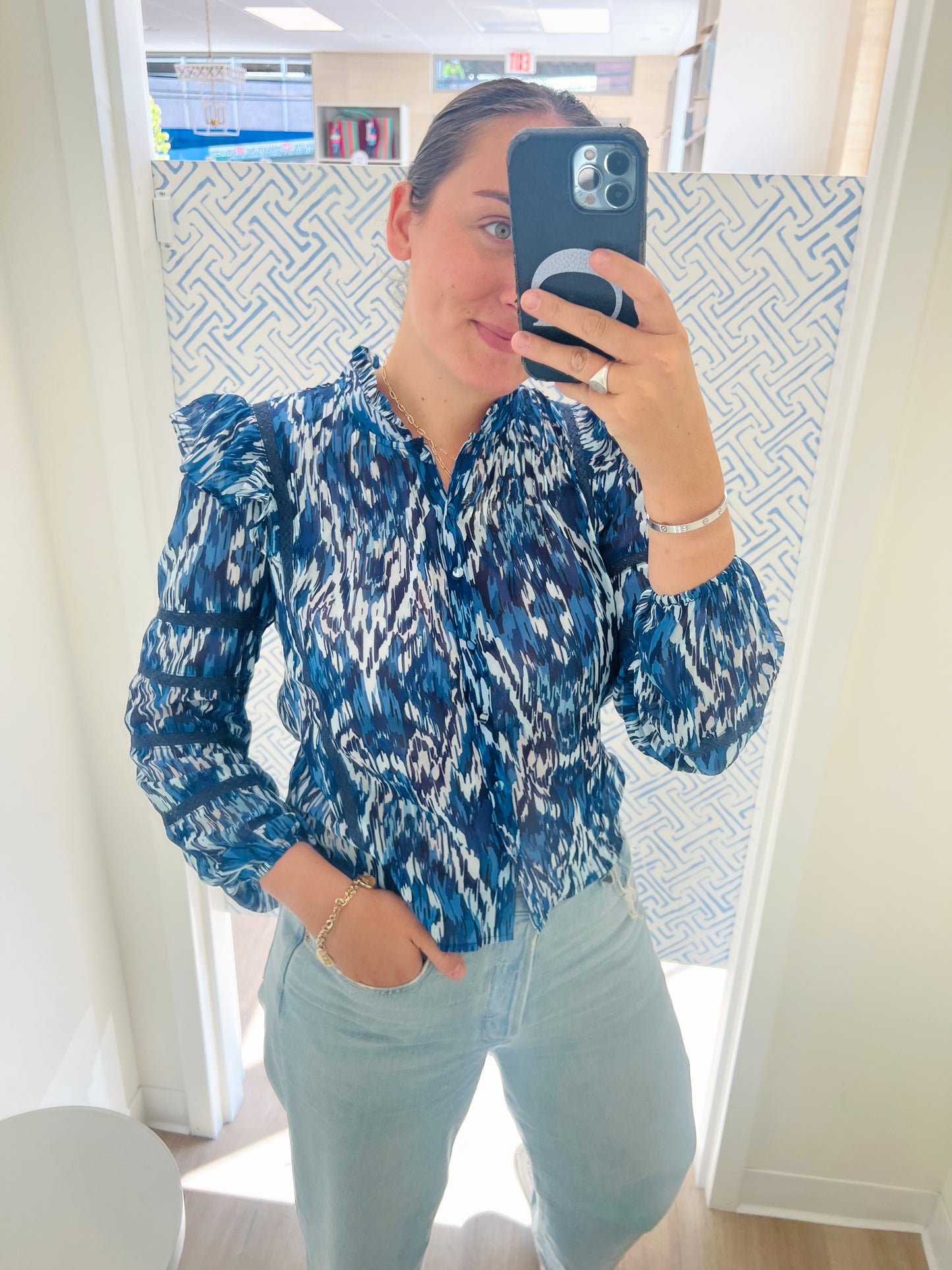 Allison Sophia Blouse in Blue Ikat