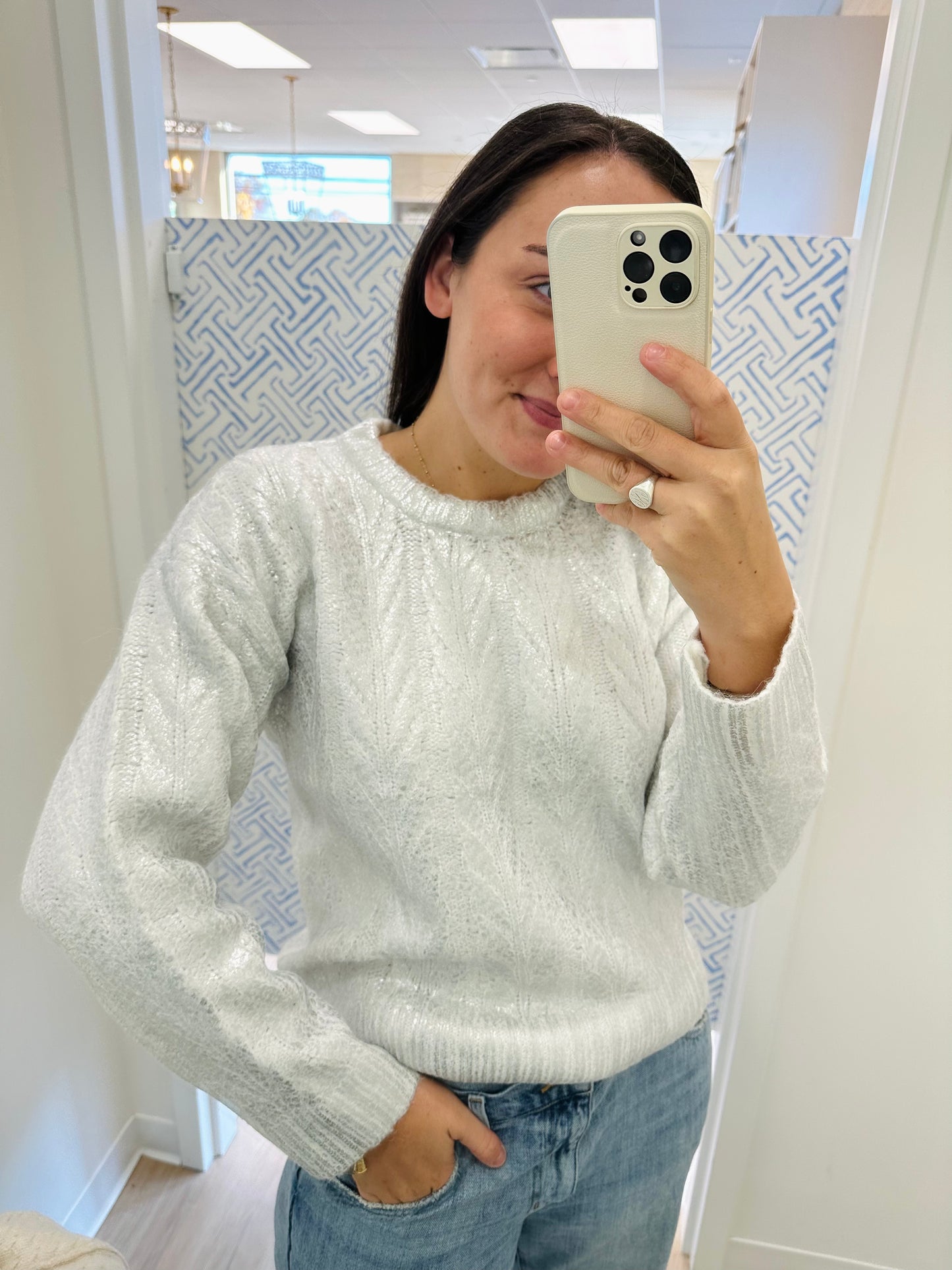 Design History Foil Crew Neck Sweater in Winter White