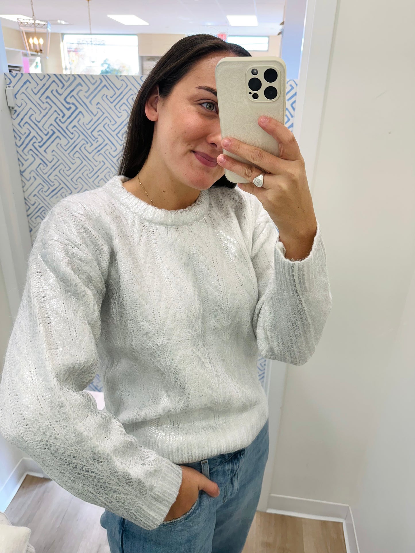 Design History Foil Crew Neck Sweater in Winter White
