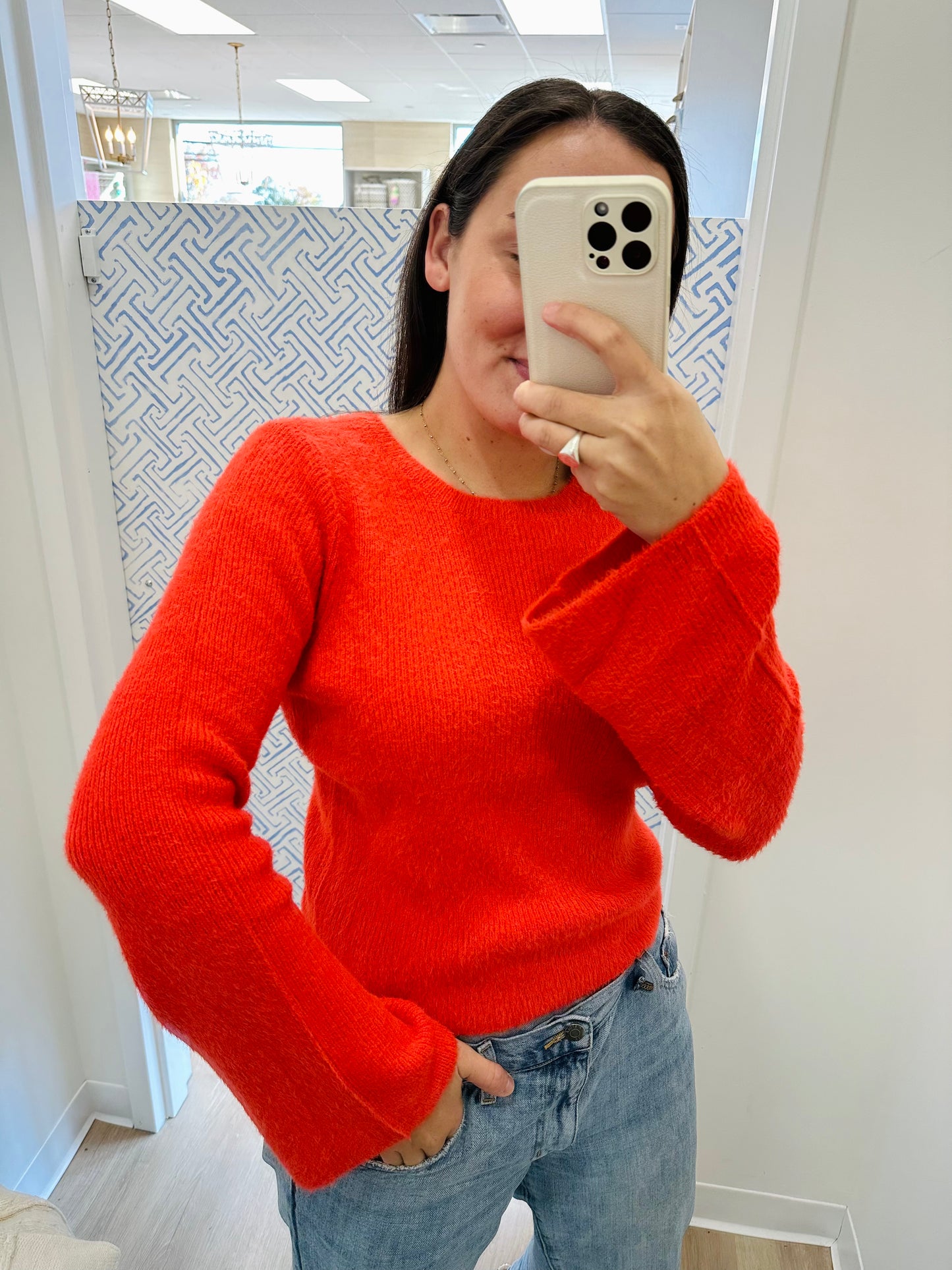 Design History Bell Sleeve Crew Neck in Red Kiss