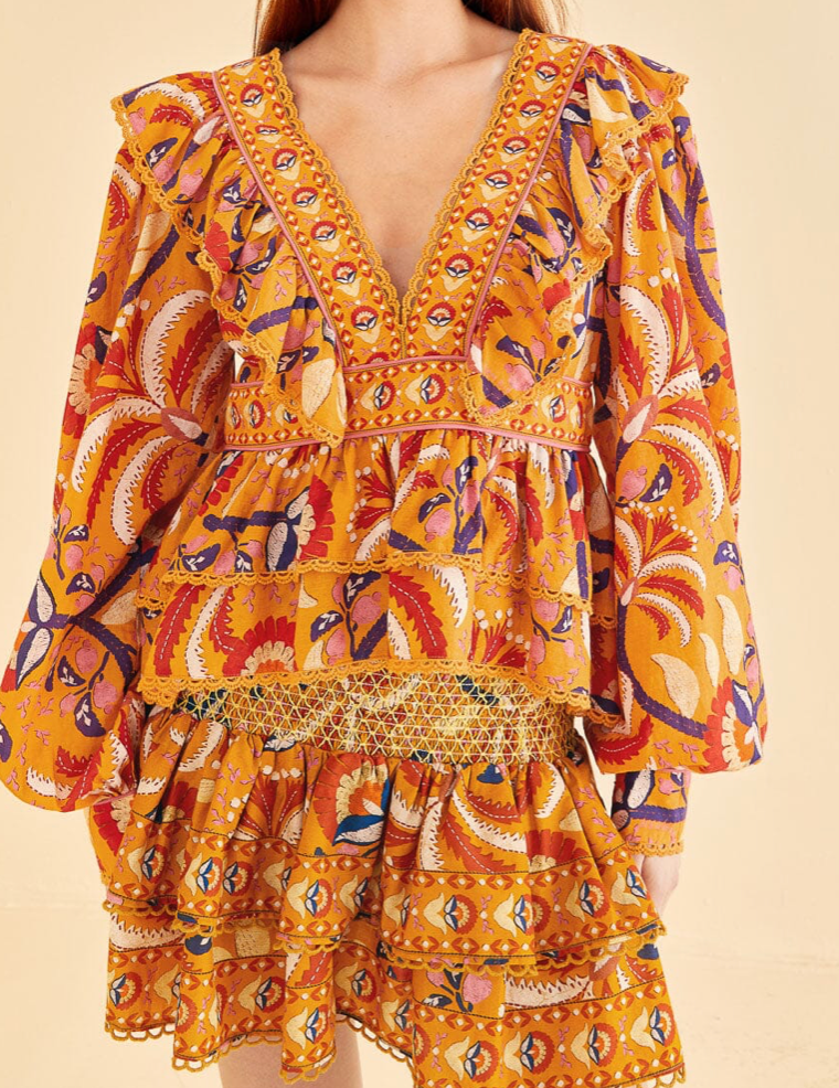 Farm Rio Yellow Palms Party Ruffle Blouse