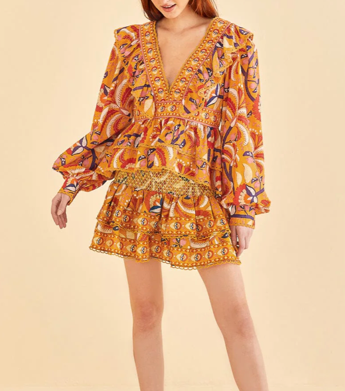 Farm Rio Yellow Palms Party Ruffle Blouse