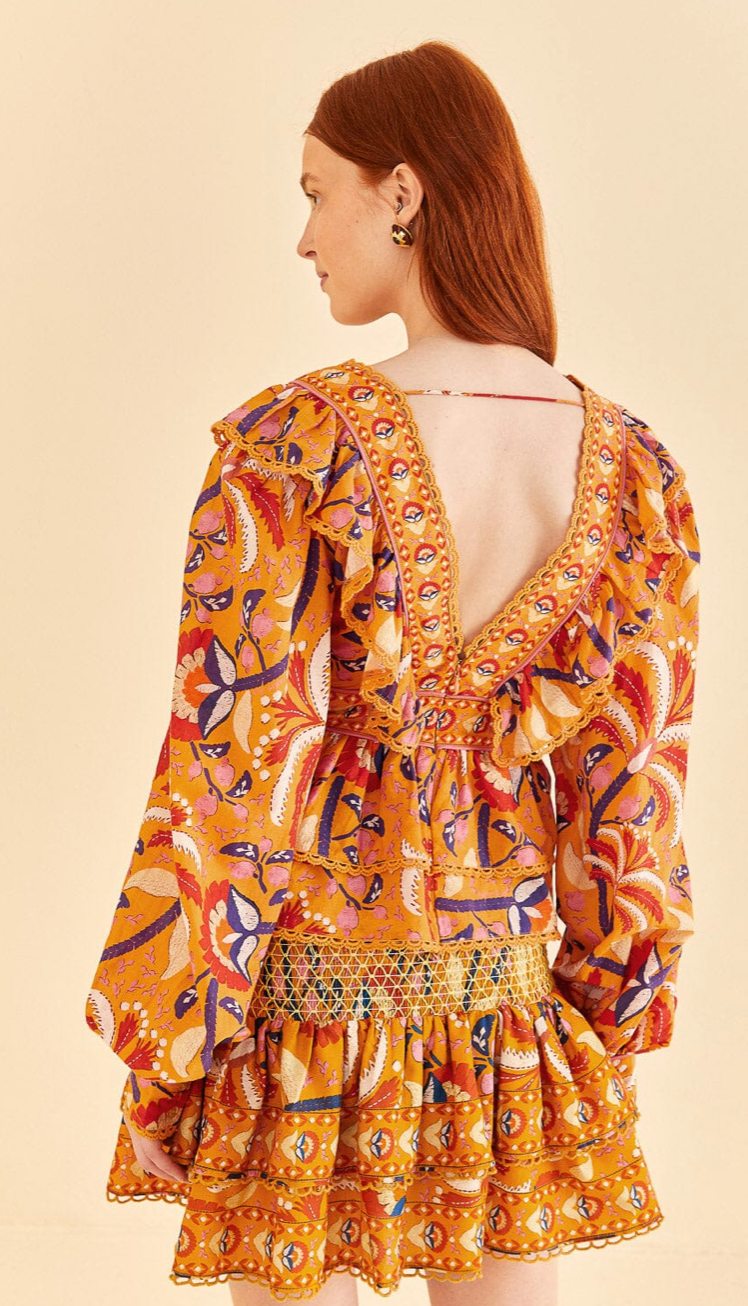 Farm Rio Yellow Palms Party Ruffle Blouse