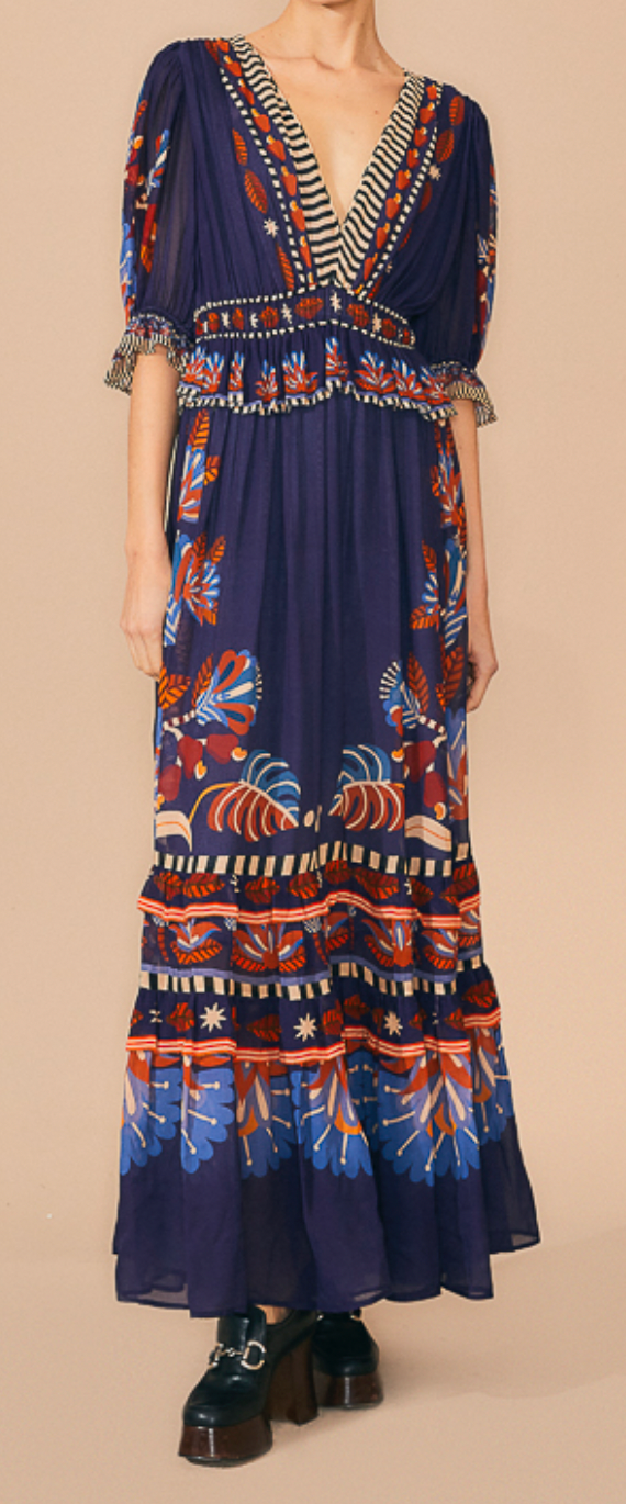 Farm Rio Nature Beauty Blue Short Sleeve Maxi Dress