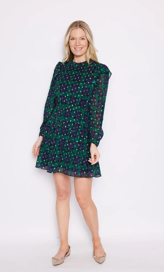 Sail to Sable Blackwatch Lurex Clip Dot Long Sleeve Ruffle Neck Dress