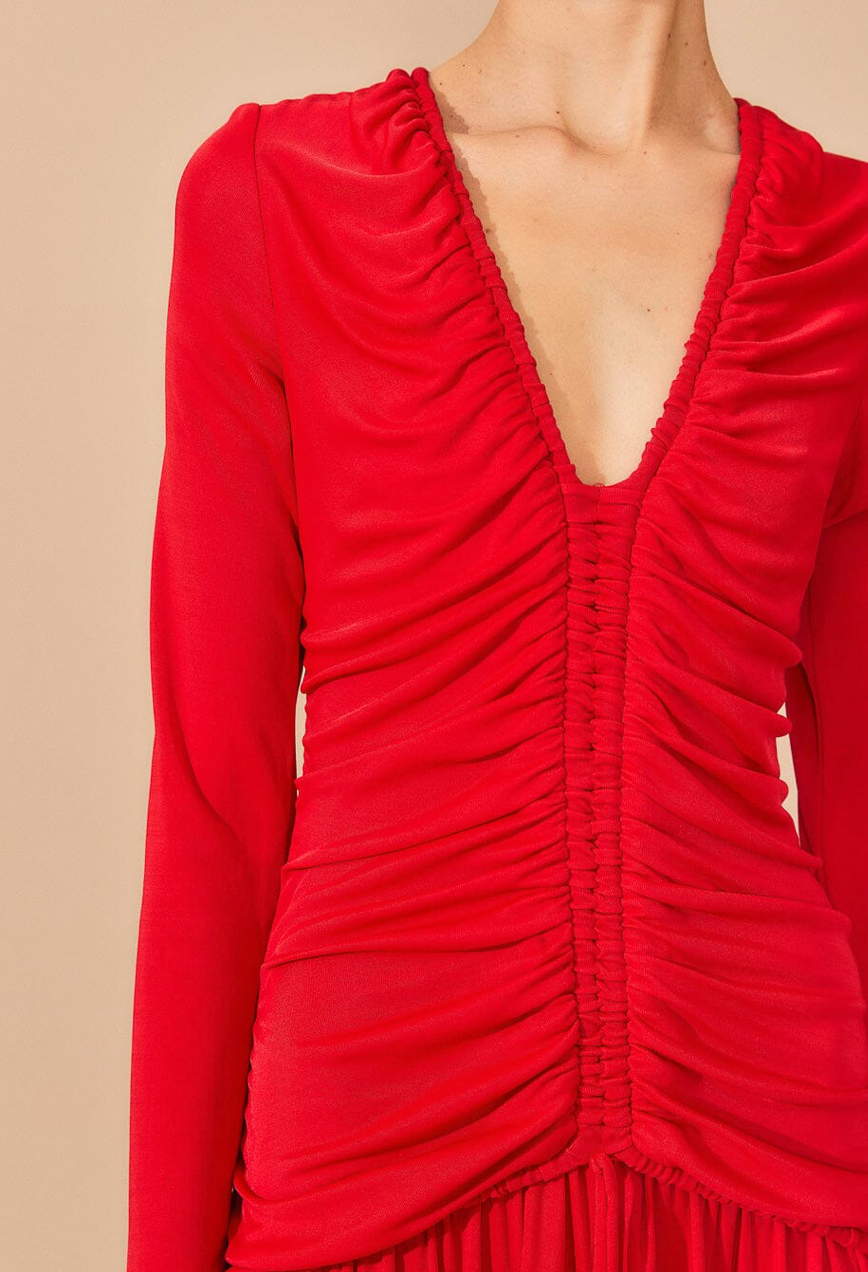 Farm Rio Red V Neckline Long Sleeve Midi Dress