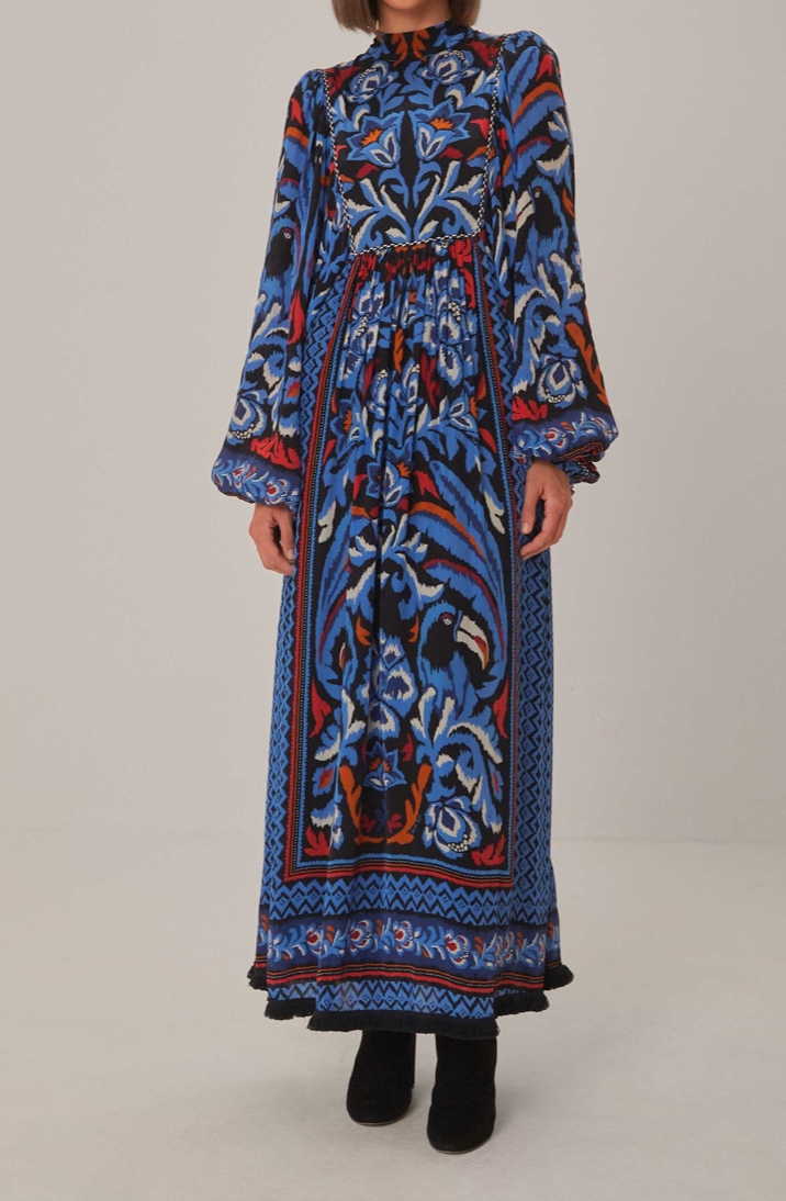 Farm Rio Black Toucans Scarf Long Sleeve Maxi Dress