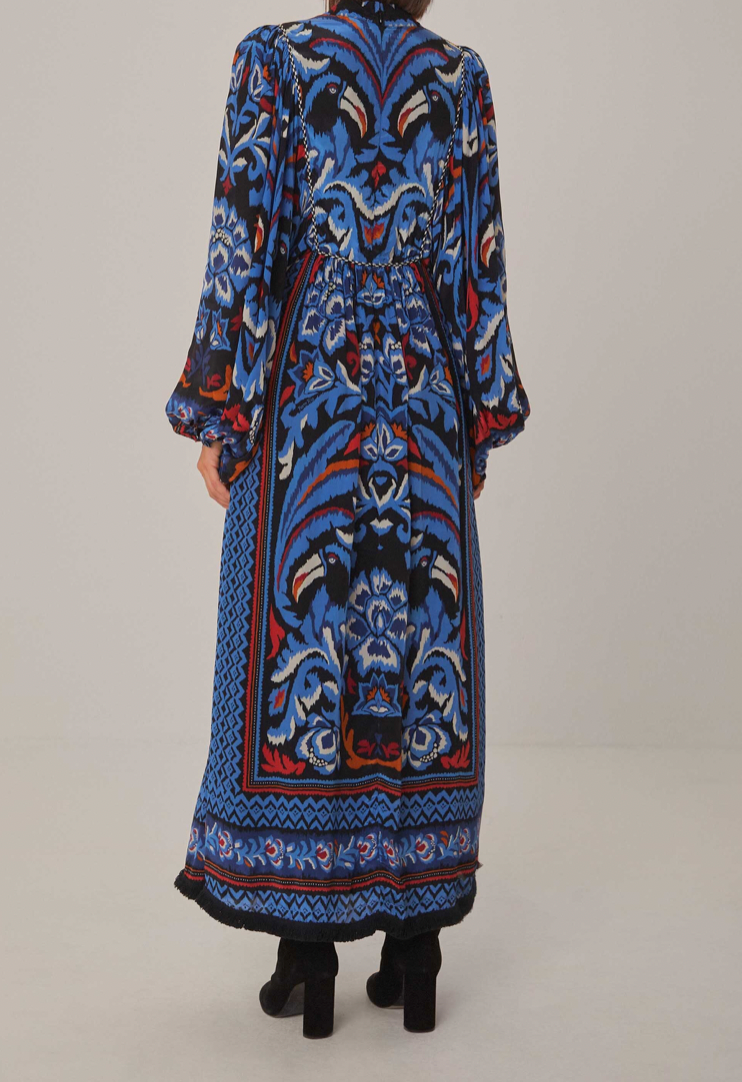 Farm Rio Black Toucans Scarf Long Sleeve Maxi Dress
