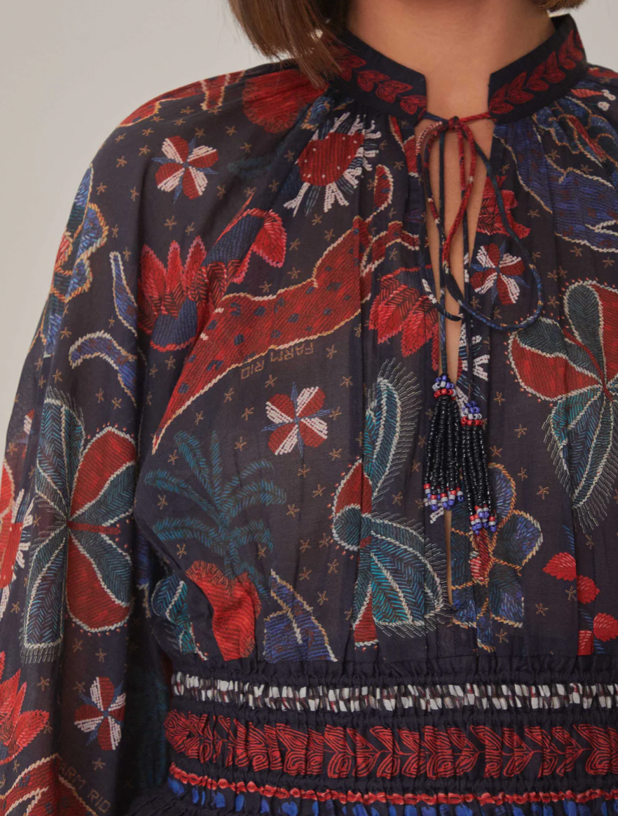 FARM RIO Dark Blue Tropical Shine V Neck Blouse
