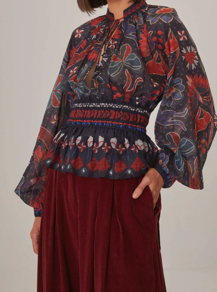 FARM RIO Dark Blue Tropical Shine V Neck Blouse