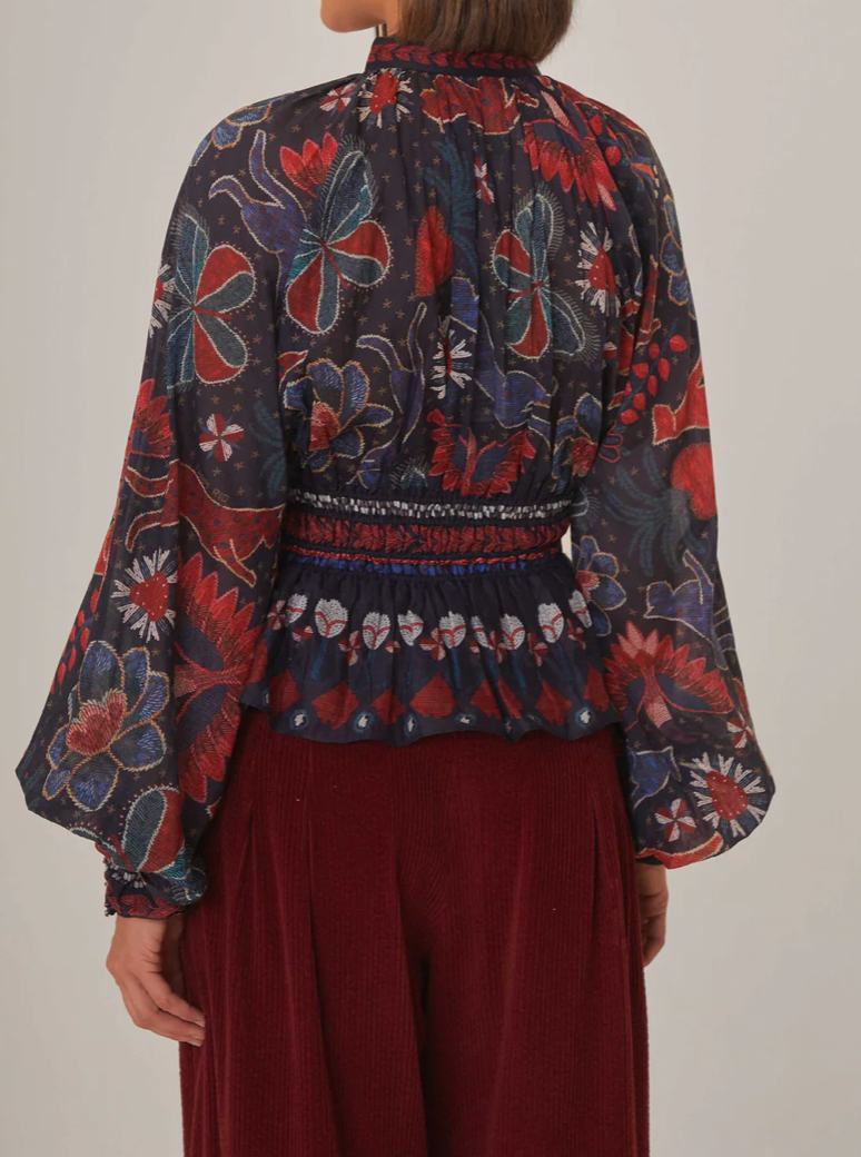 FARM RIO Dark Blue Tropical Shine V Neck Blouse