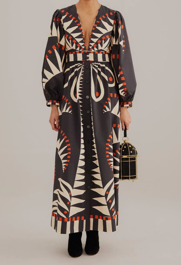FARM RIO Black Coconut Grove Puff Sleeve Maxi Dress