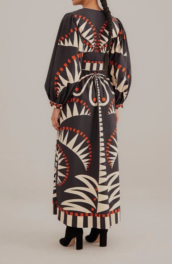 FARM RIO Black Coconut Grove Puff Sleeve Maxi Dress