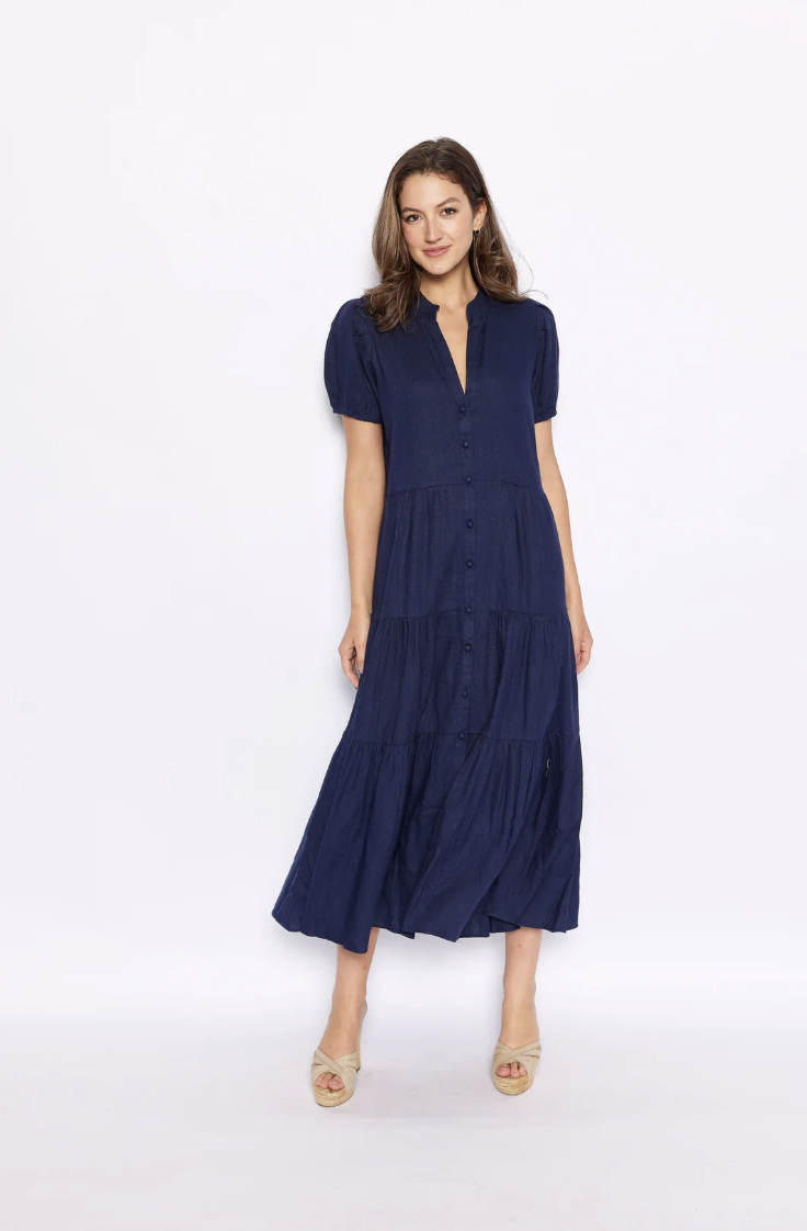 Navy Puff Sleeve Maxi Shirt Dress Sp25517