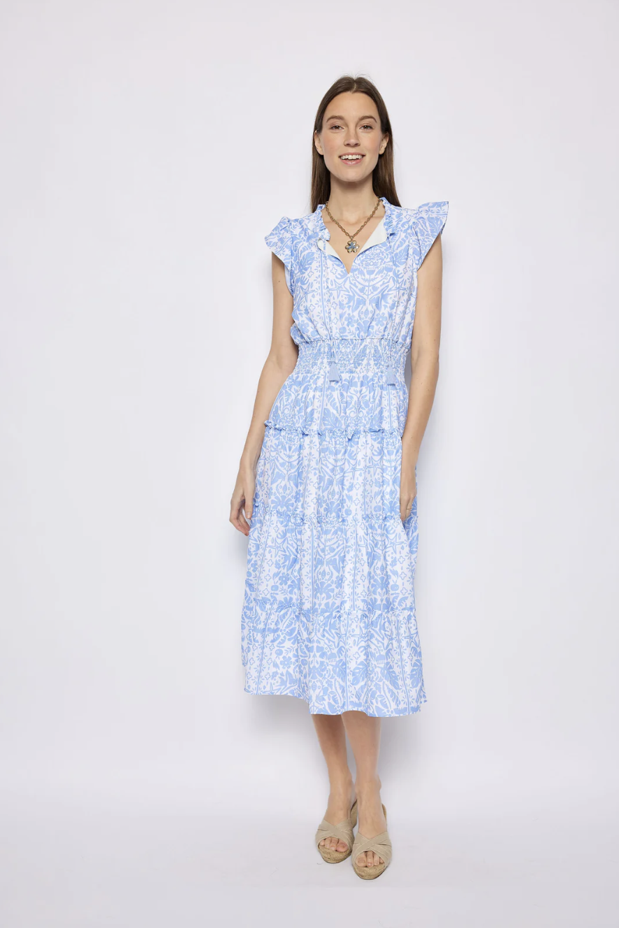 Hydrangea Tropical Block Print Smocked Waist Midi Dress SU25207