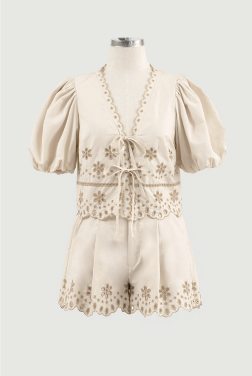 Eyelet Detail Puff Sleeve Tie Front Top