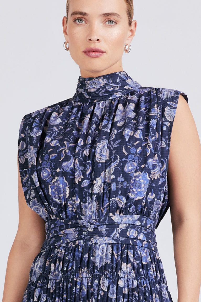 Derek Lam Junia Roucehd Sleeveless Midi Dress in Navy Multi
