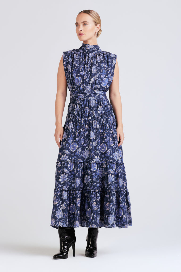 Derek Lam Junia Roucehd Sleeveless Midi Dress in Navy Multi