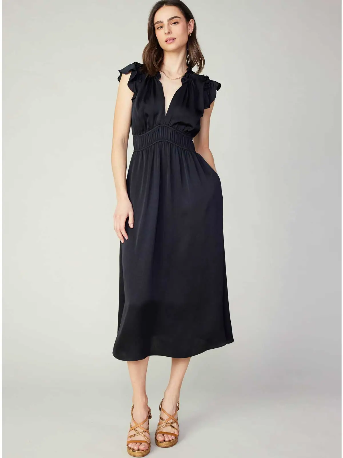 Ruffled Detail Flutter Sleeve Midi Dress