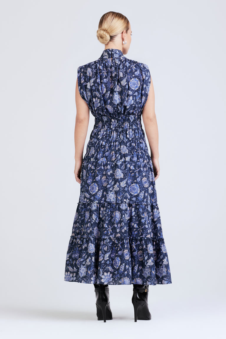 Derek Lam Junia Roucehd Sleeveless Midi Dress in Navy Multi