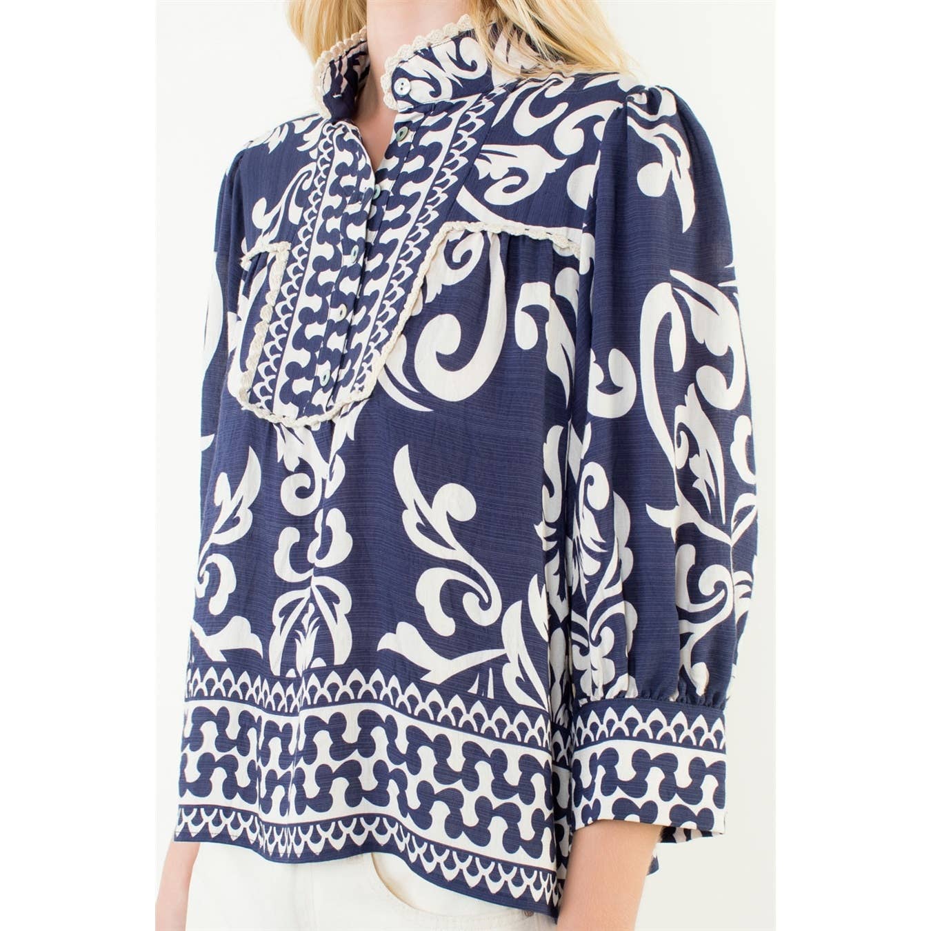 Long Sleeve Lace Trim Print Top