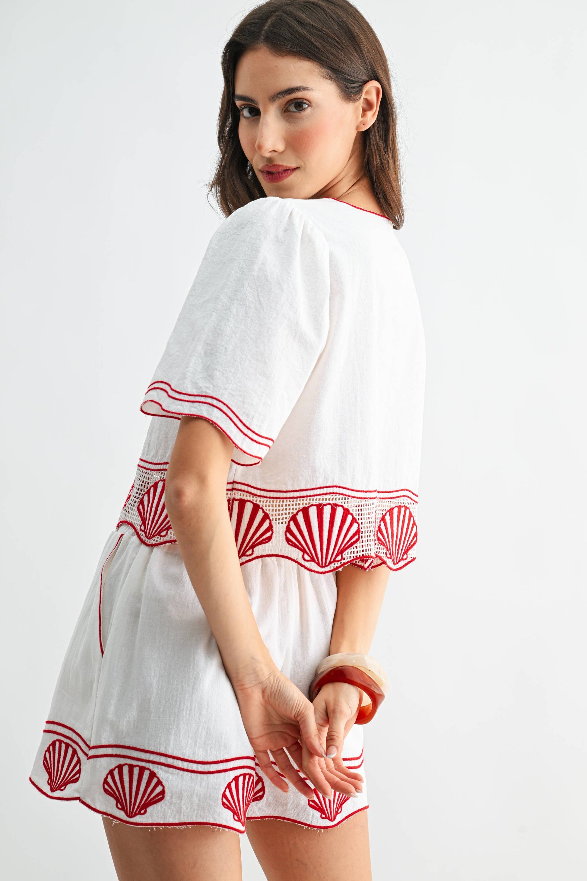 Cotton Crop Top with Shell Embroidered