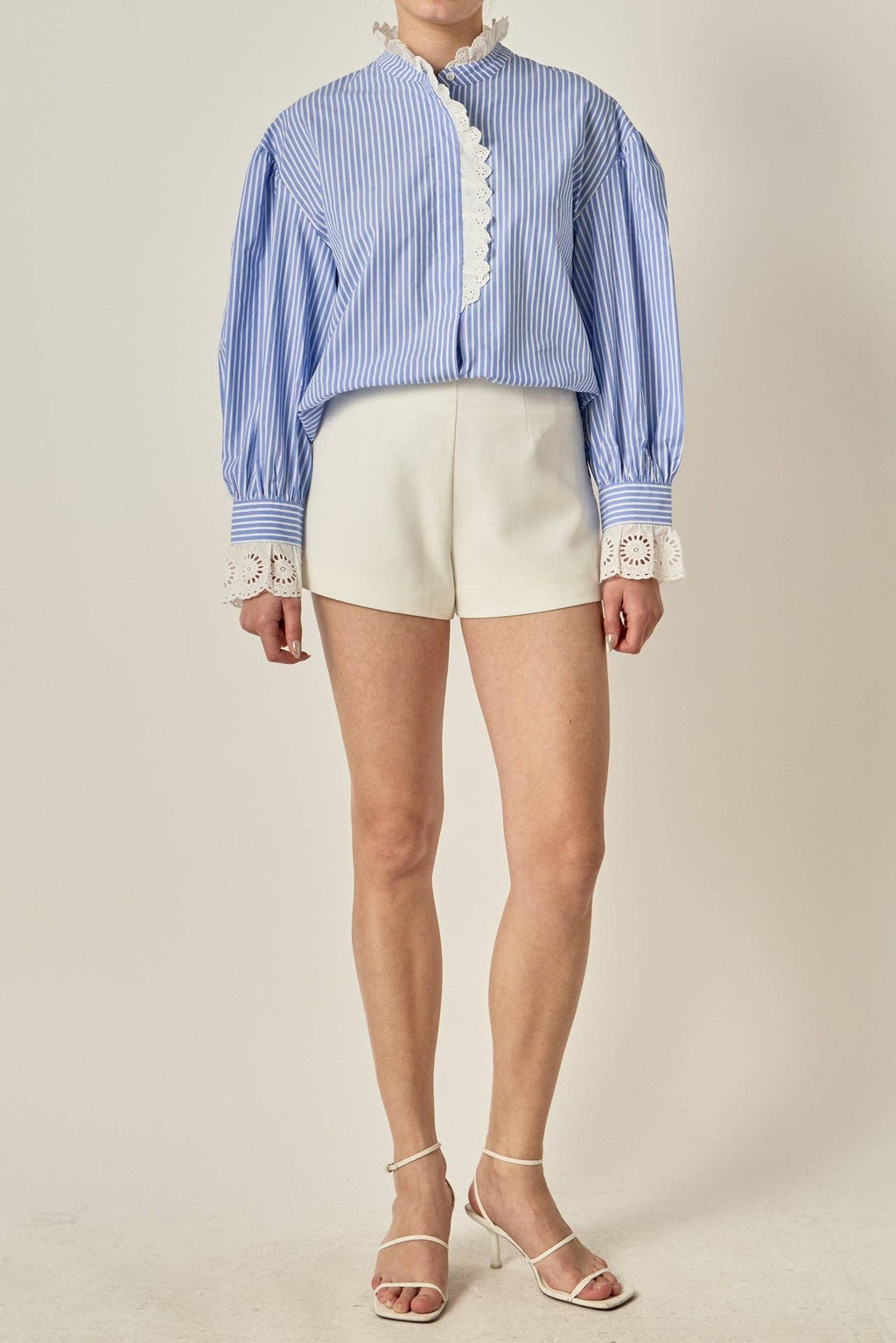 Scallop Lace Detail Stripe Shirt Blouse