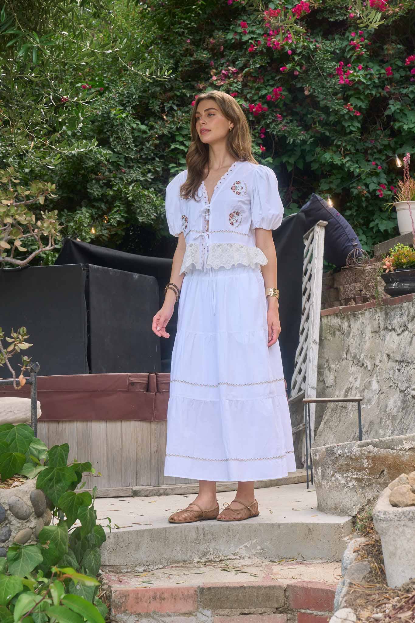 Floral Embroidery Front Tie Ruffle Top