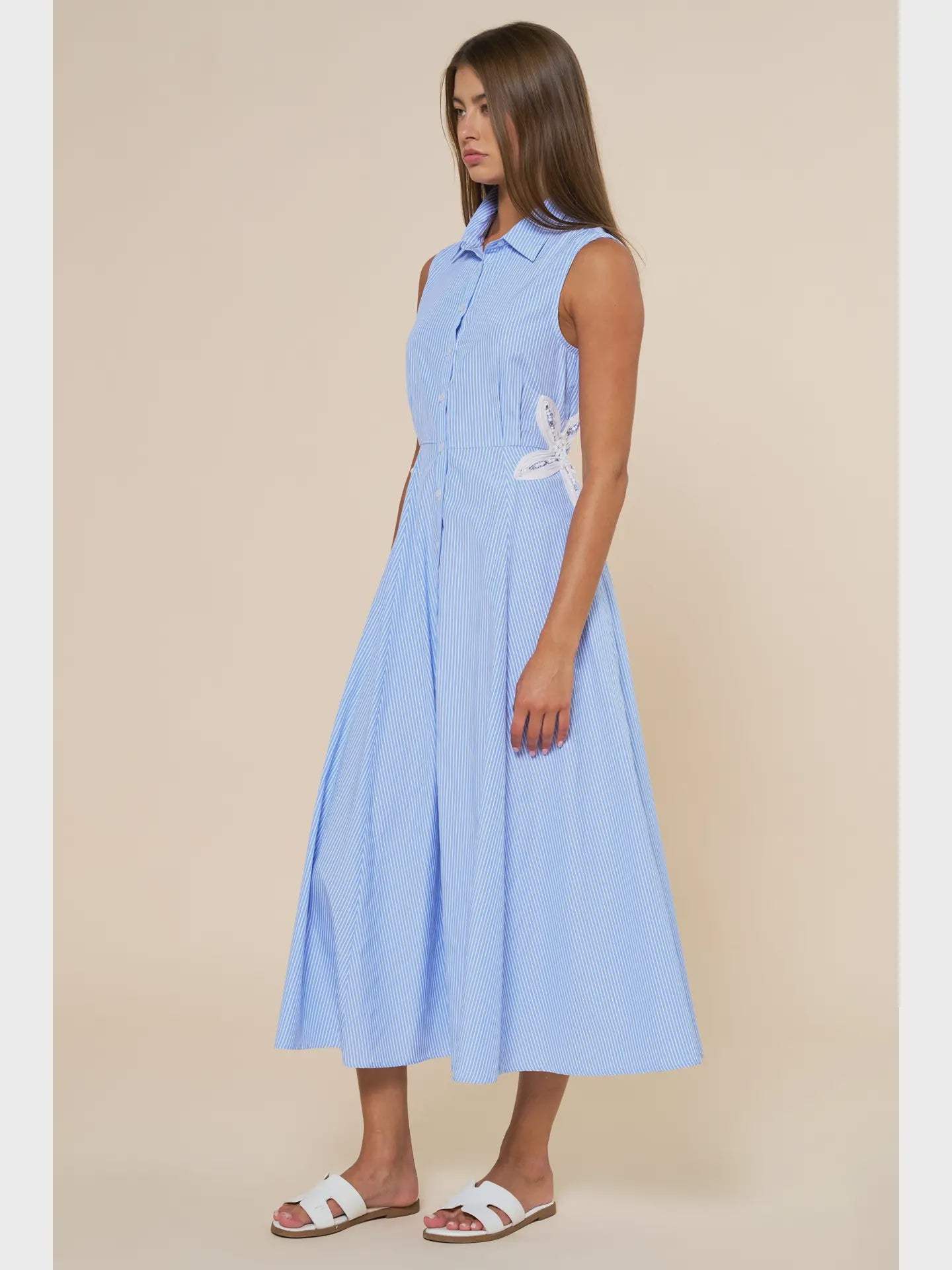 Embroidered Flower Detail Collared Maxi Dress