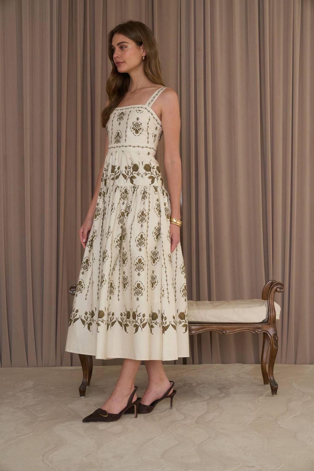 Botanical Print Sleeveless Drop Waist Midi Dress
