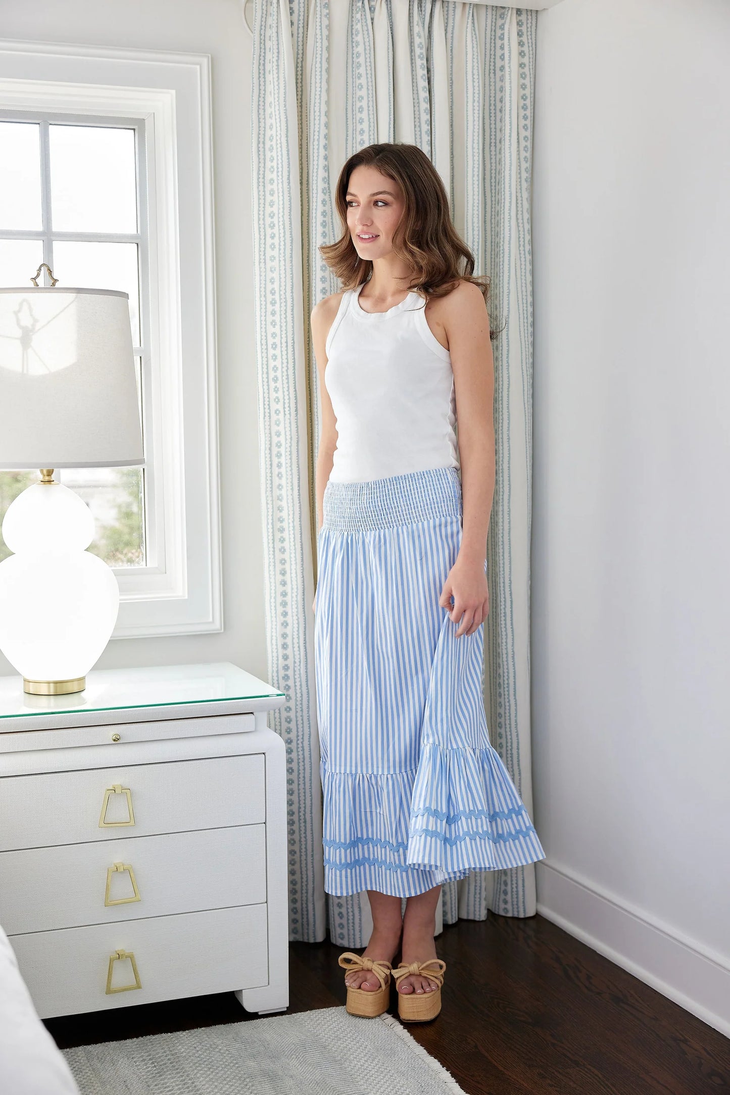 Sail to Sable Coastal Stripe Smocked Waist Midi Skirt