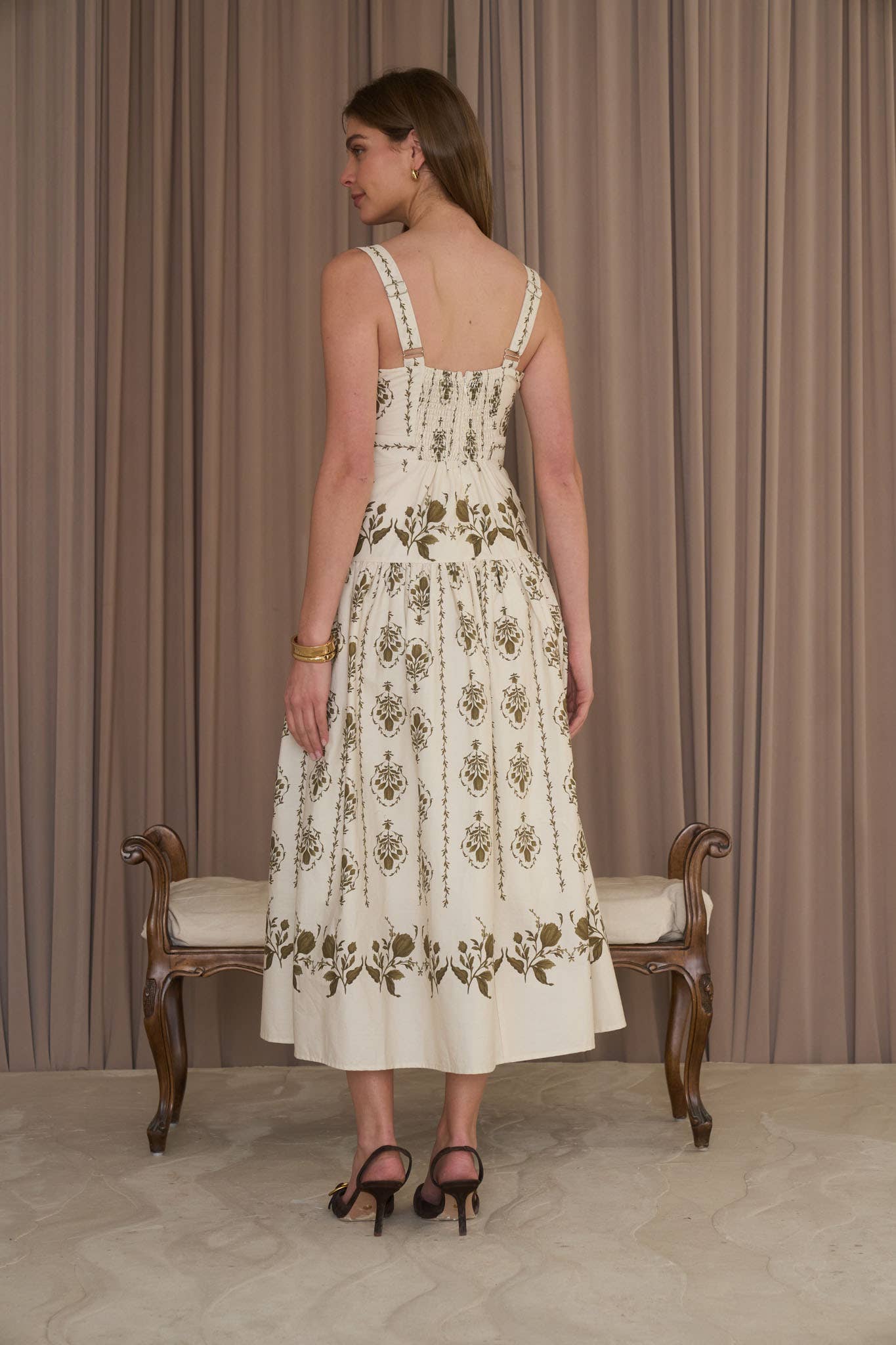 Botanical Print Sleeveless Drop Waist Midi Dress