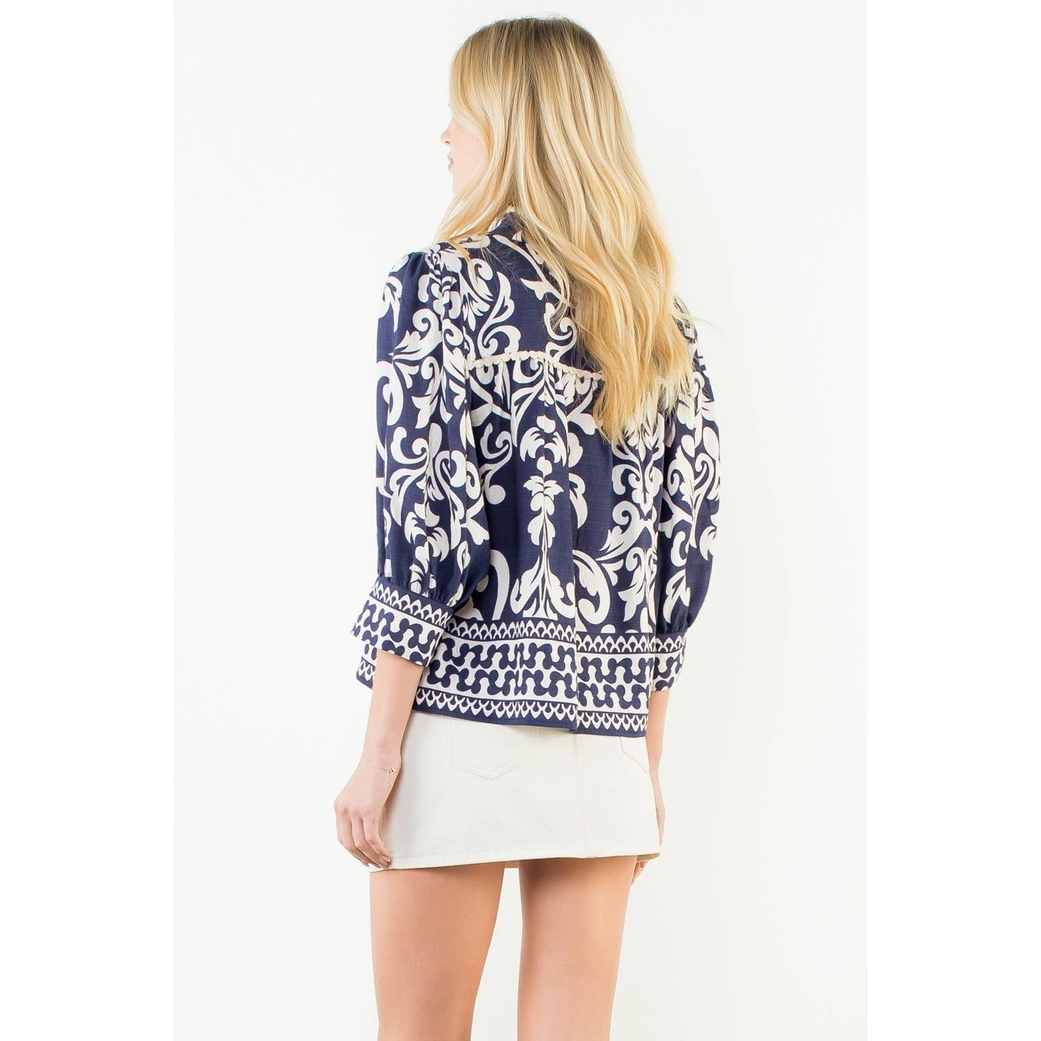 Long Sleeve Lace Trim Print Top