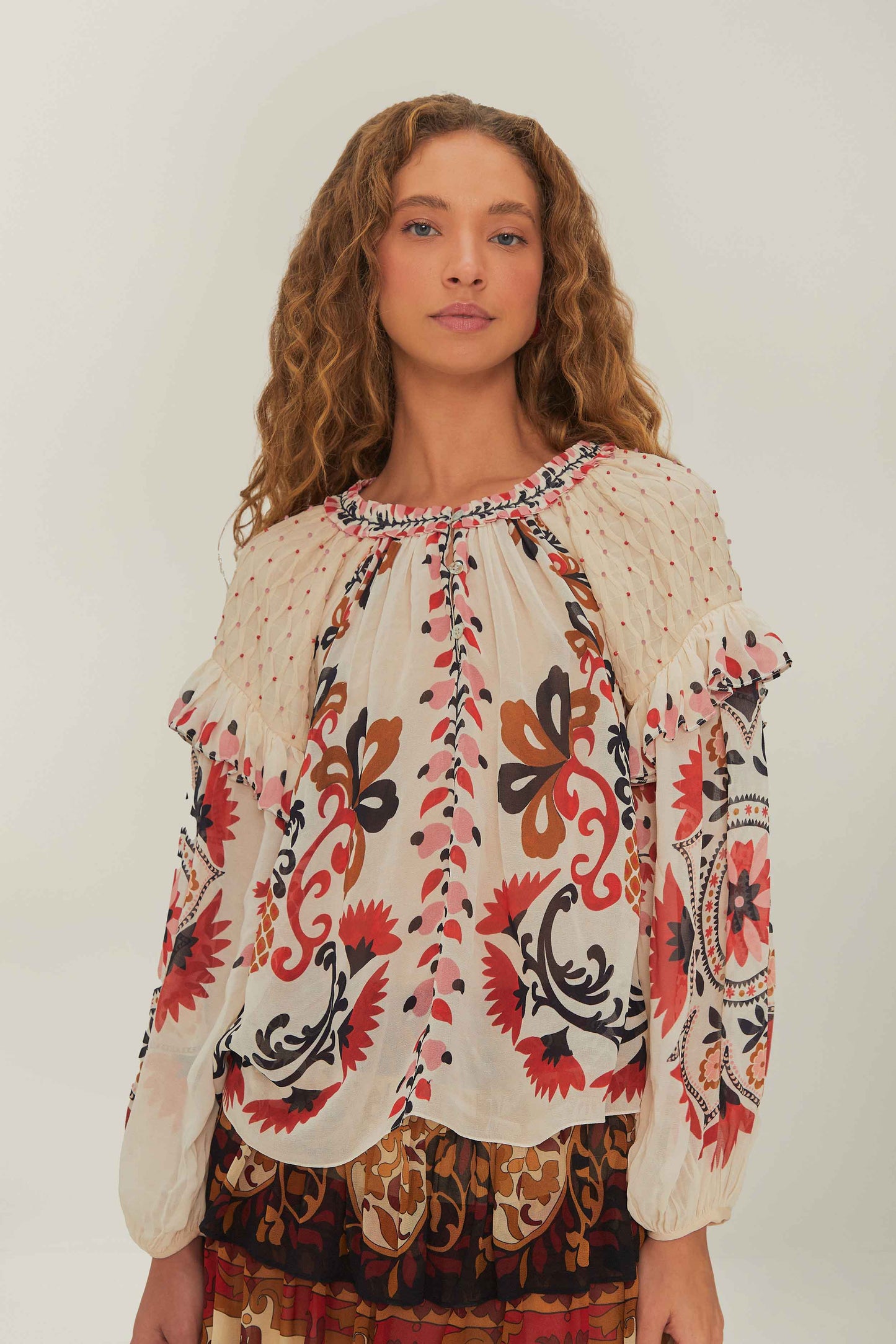 Farm Rio Cashew Mandala Cream Smocked Long Sleeve Blouse