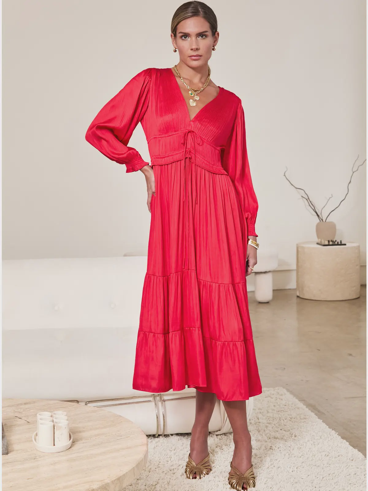 V-Neck Pleated Tiered Midi Dress