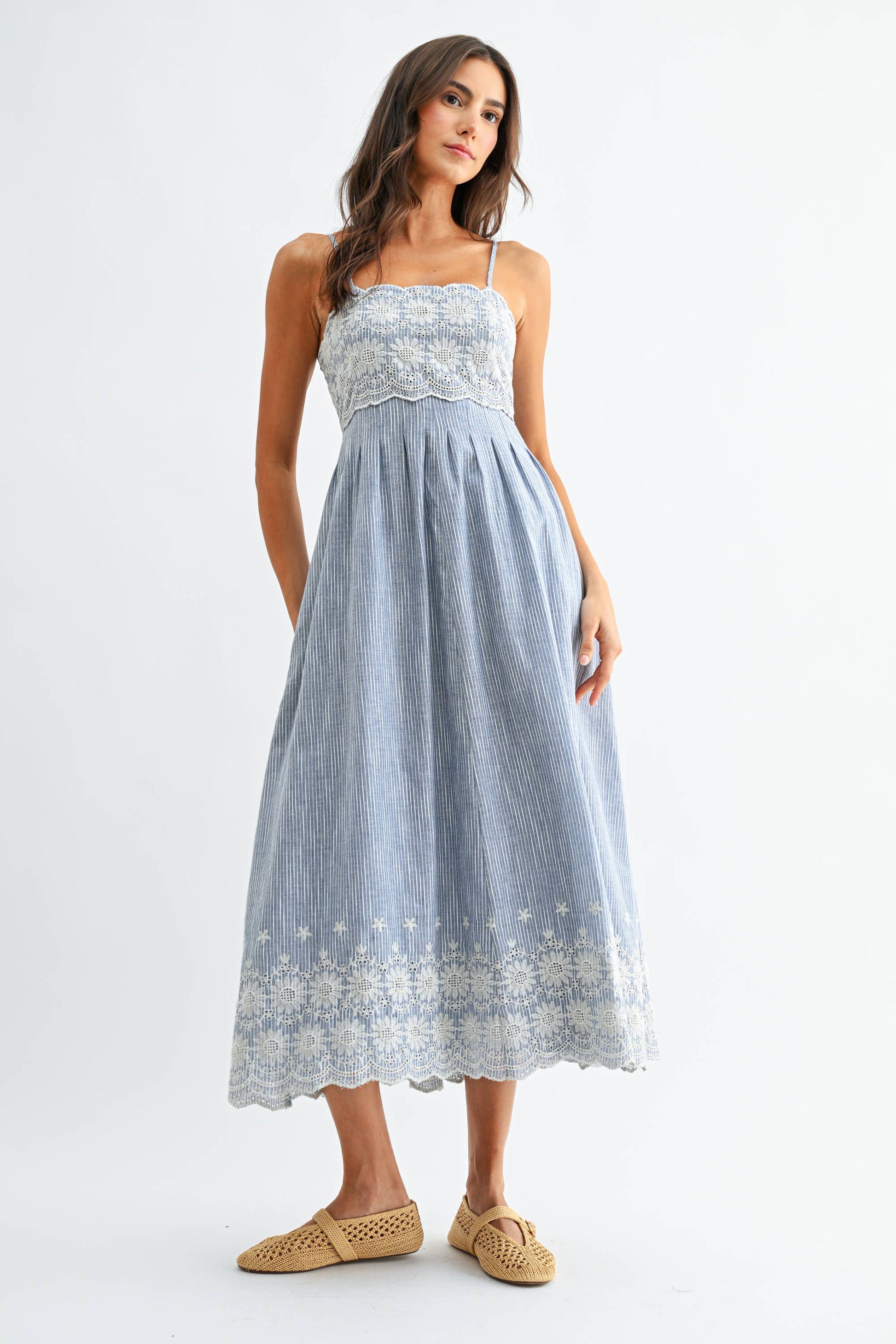 Pinstripe Midi Dress with Embroidered Lace
