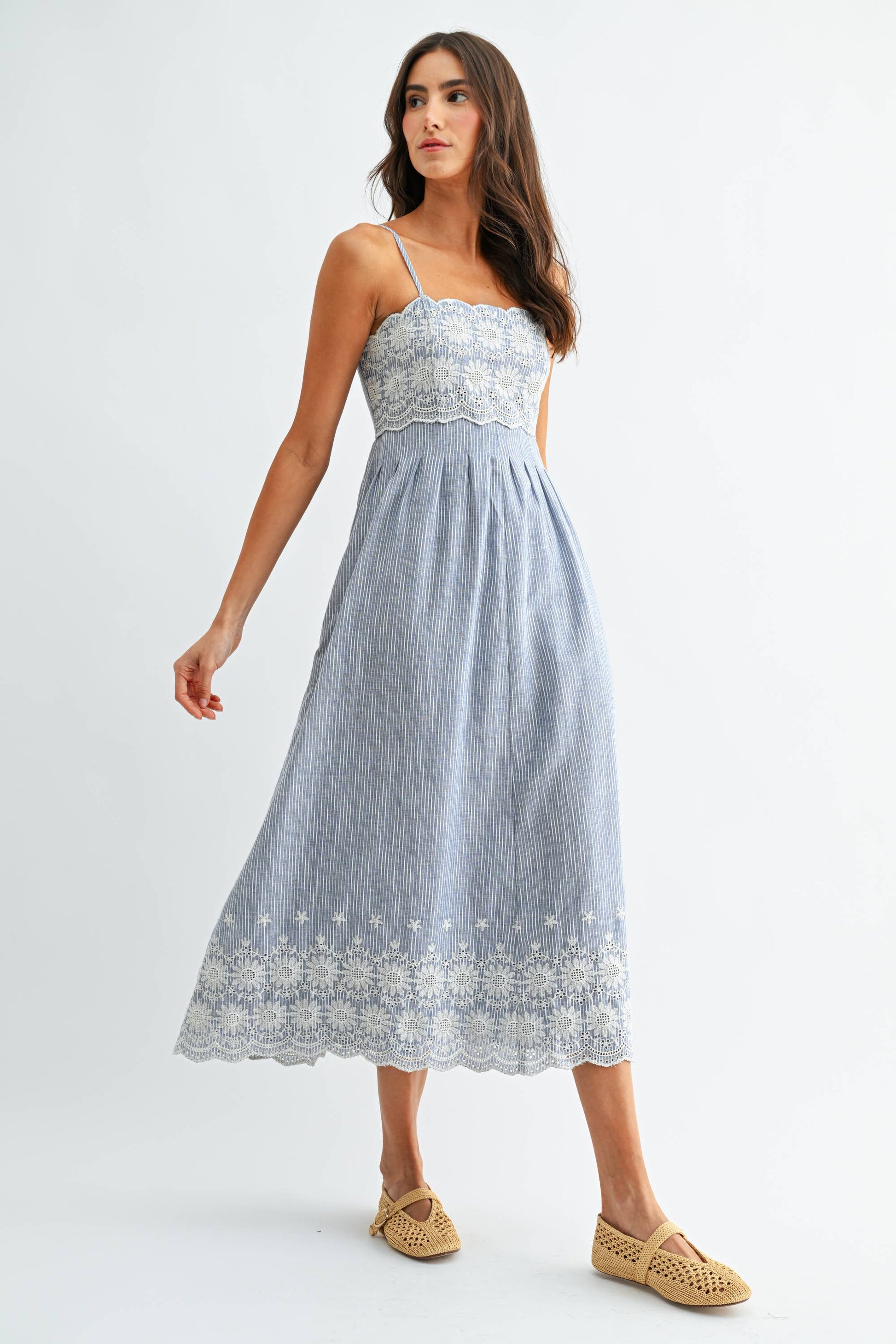 Pinstripe Midi Dress with Embroidered Lace