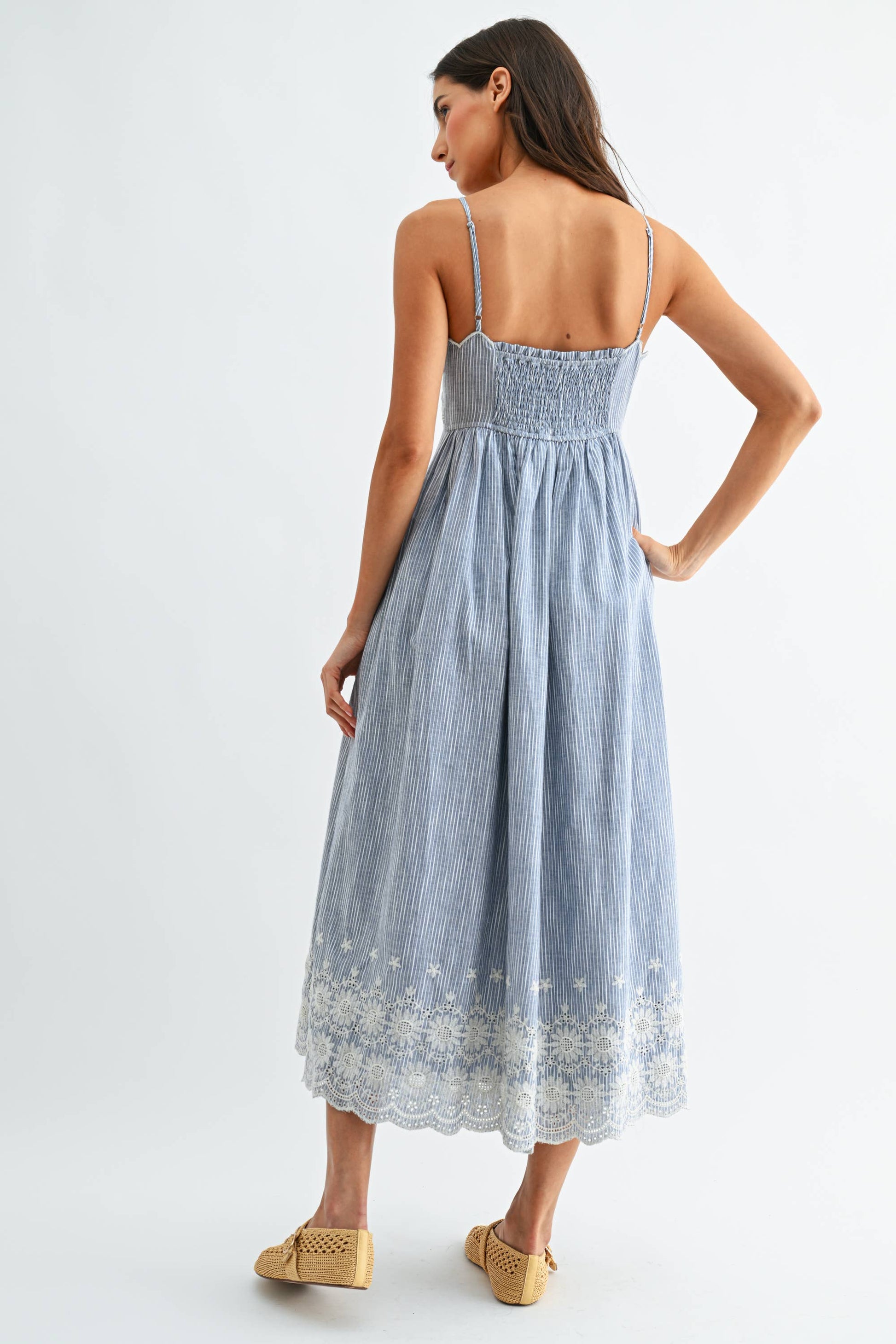 Pinstripe Midi Dress with Embroidered Lace