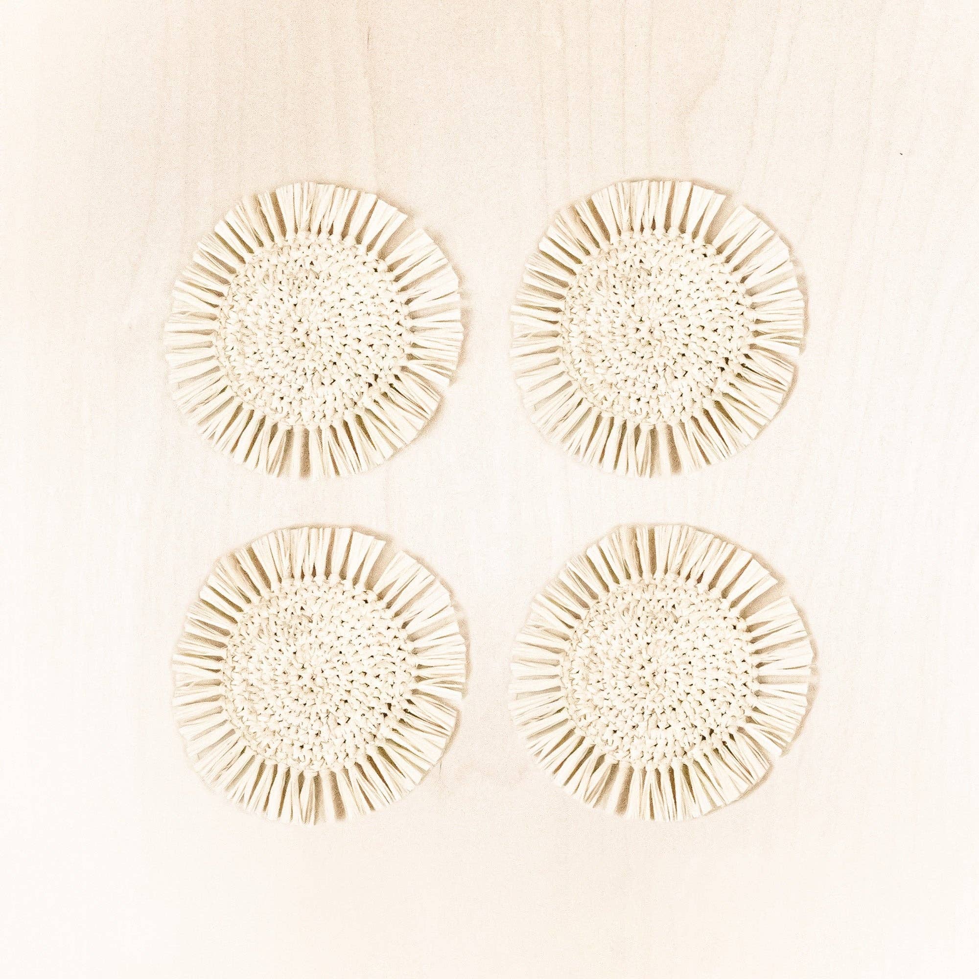 Natural Raffia Round Crochet Coasters with Fringe, set of 4 | LIKHÂ