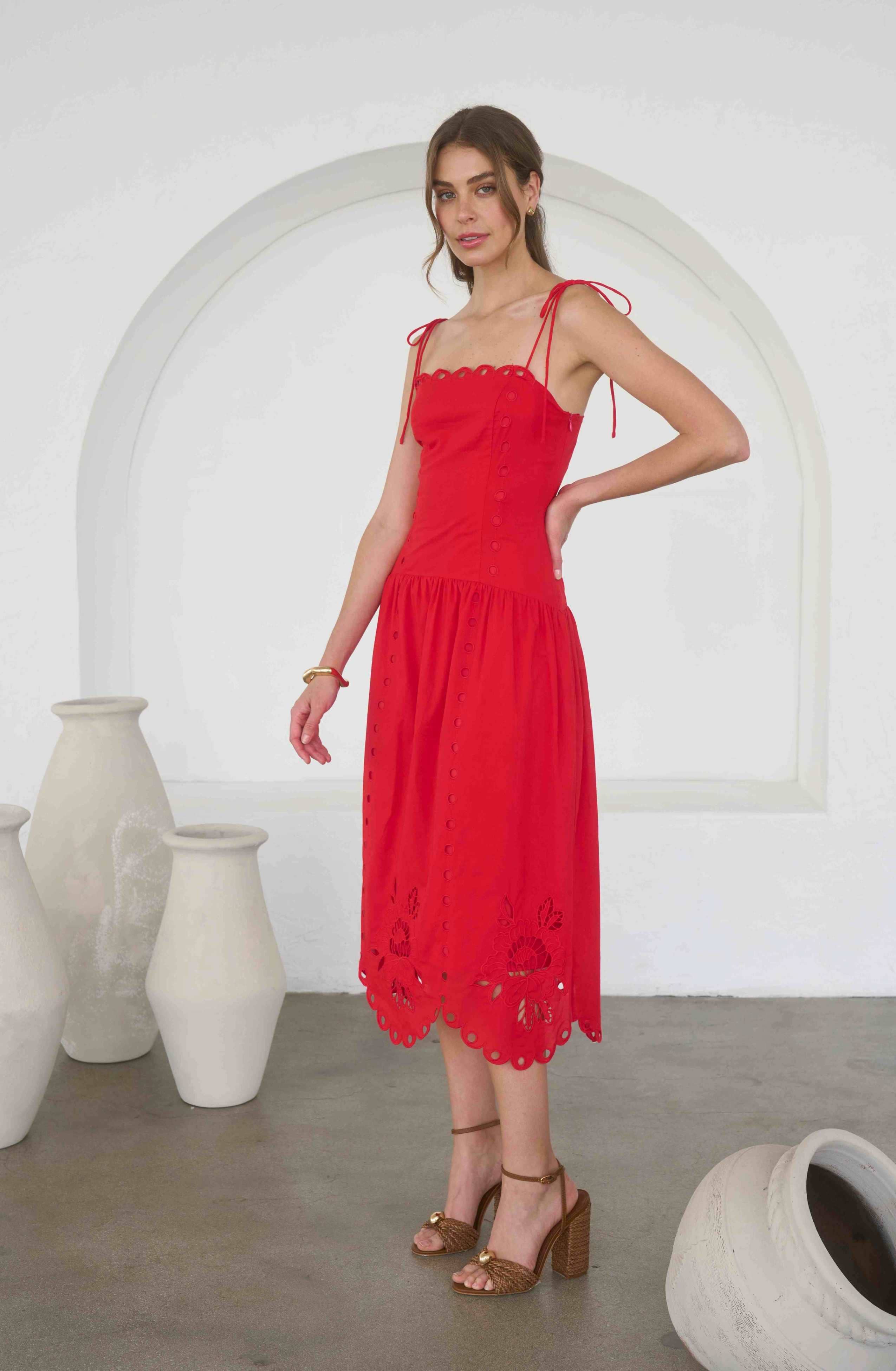 Eyelet Detail Spaghetti Strap Scalloped Midi Dress