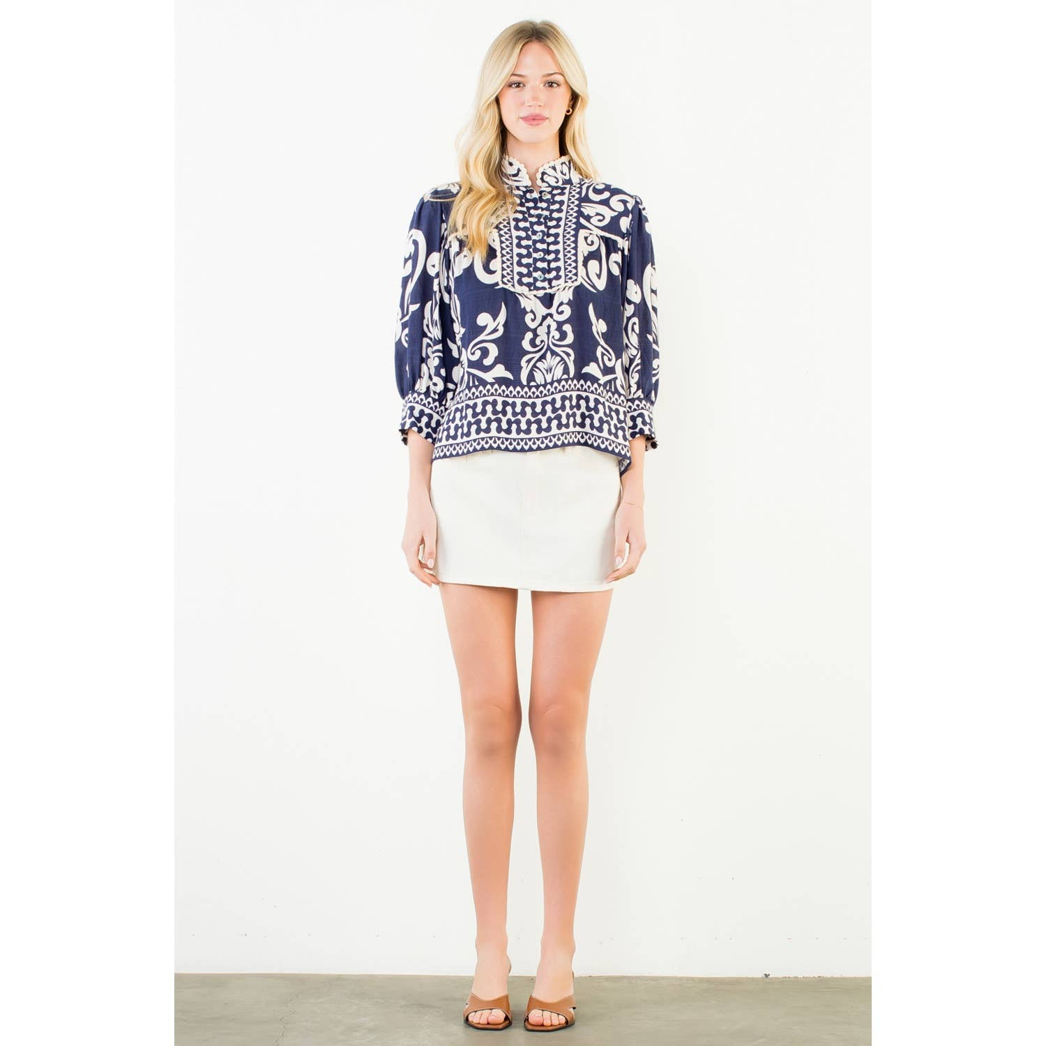 Long Sleeve Lace Trim Print Top