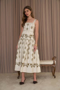 Botanical Print Sleeveless Drop Waist Midi Dress