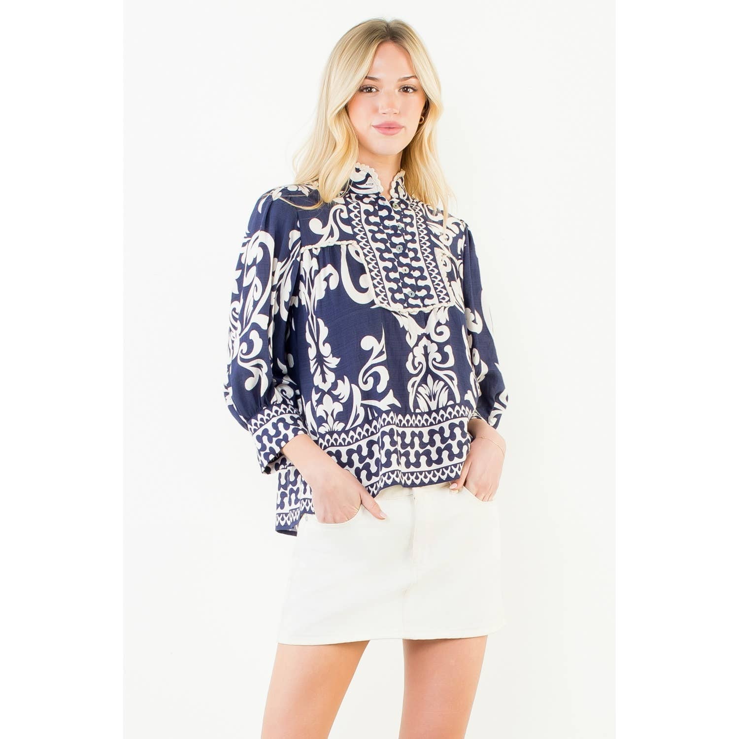 Long Sleeve Lace Trim Print Top