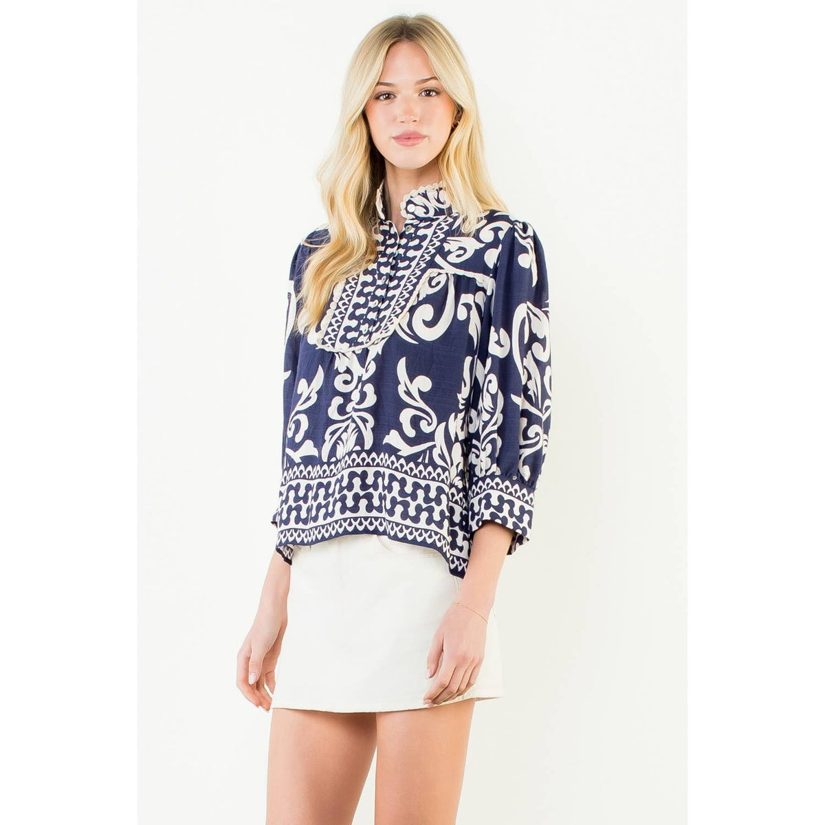 Long Sleeve Lace Trim Print Top