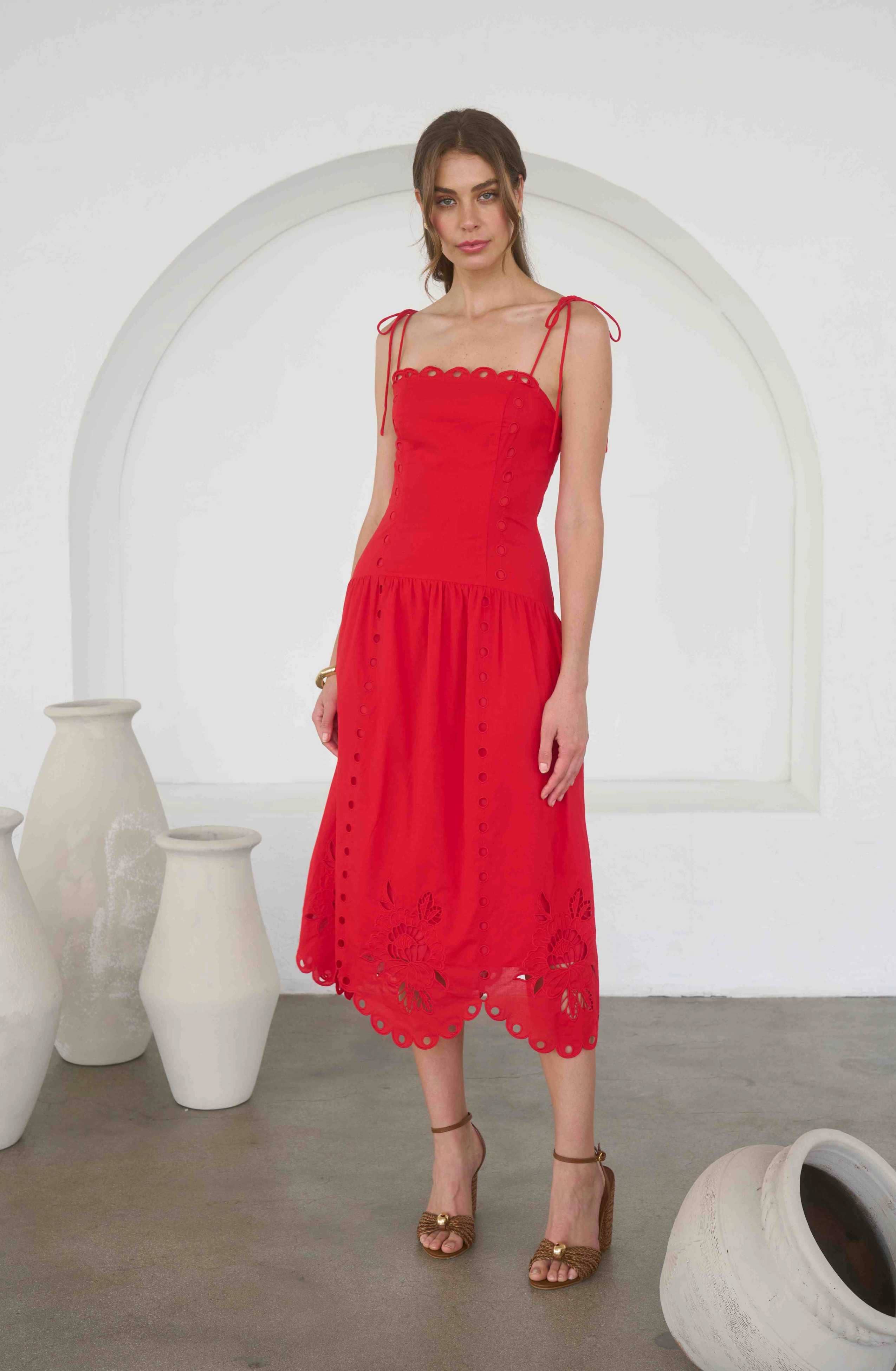 Eyelet Detail Spaghetti Strap Scalloped Midi Dress