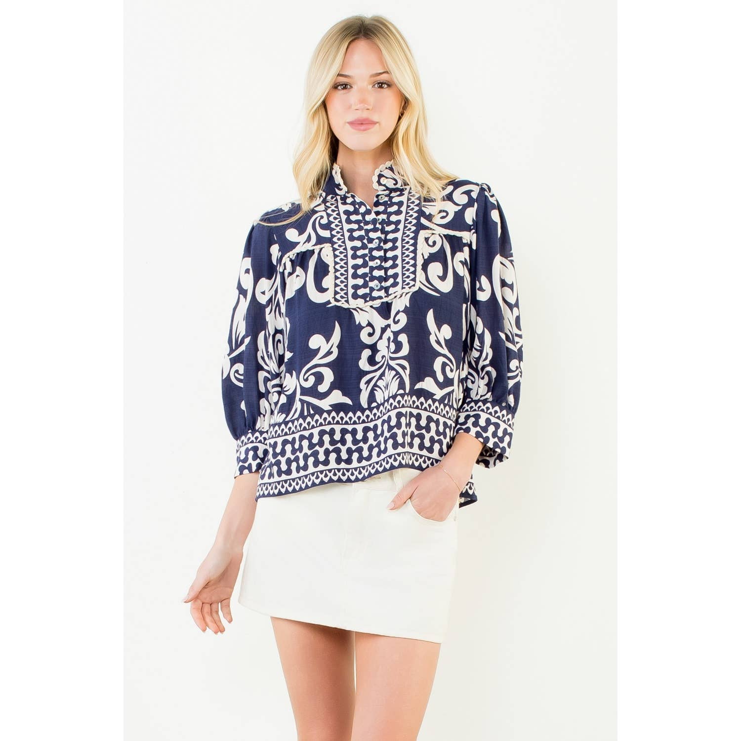 Long Sleeve Lace Trim Print Top