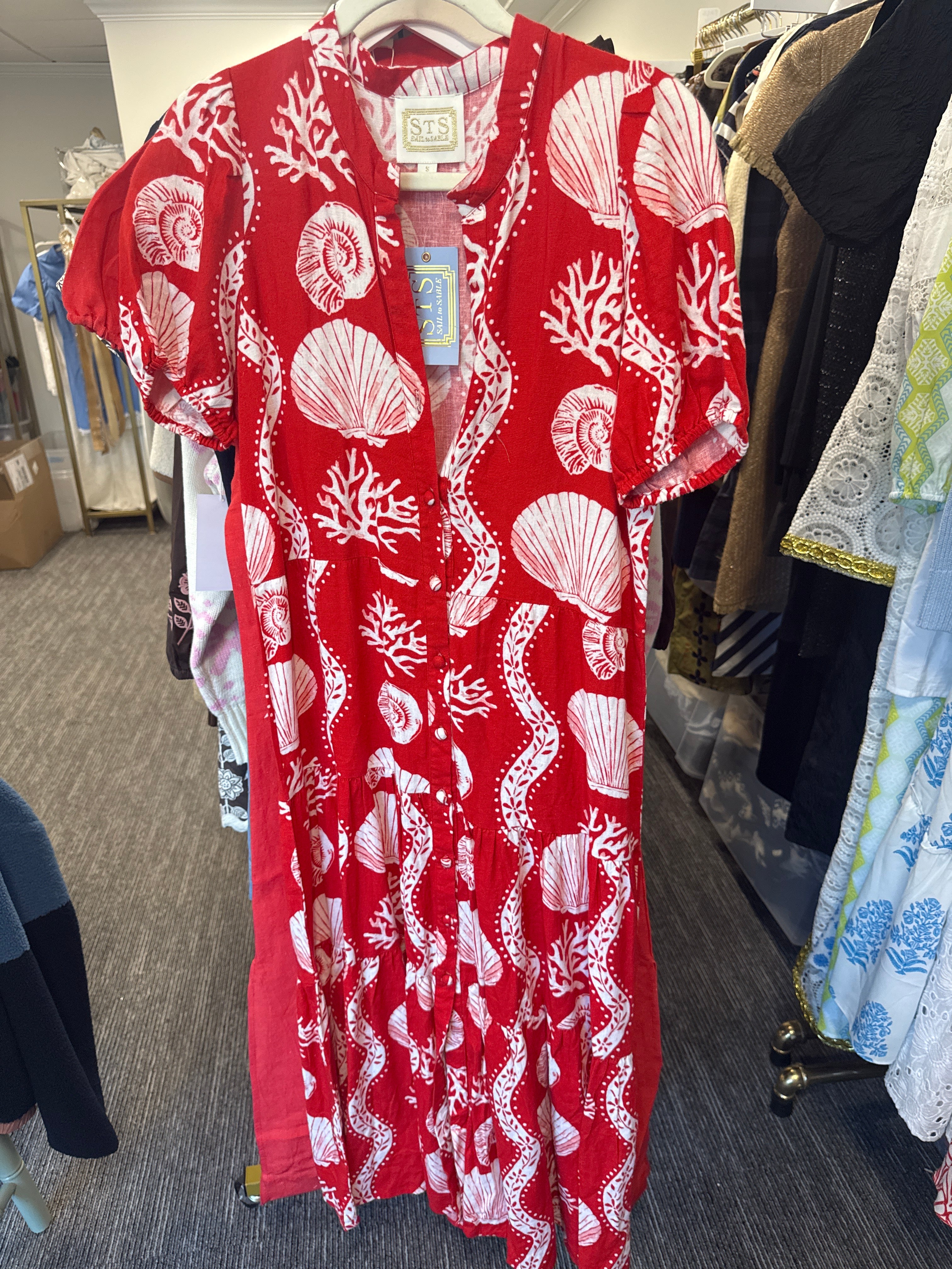 Sample Puff Sleeve Button Front Midi - Sea Stripe Red Print