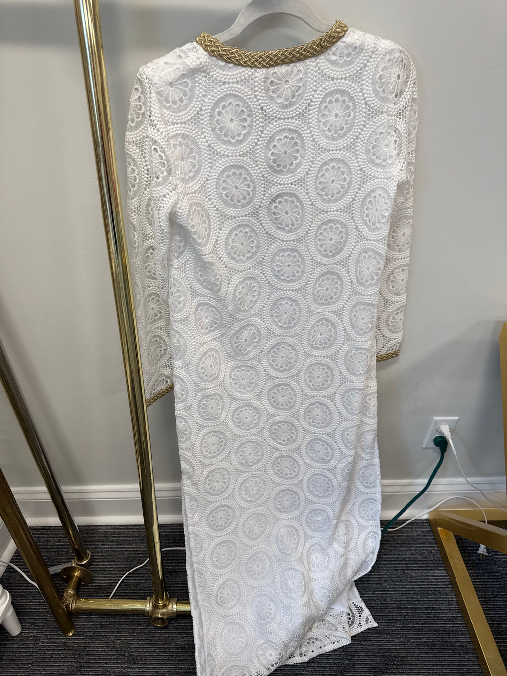 SAMPLE White Eyelet Maxi Dress With Gold Detail (XS)