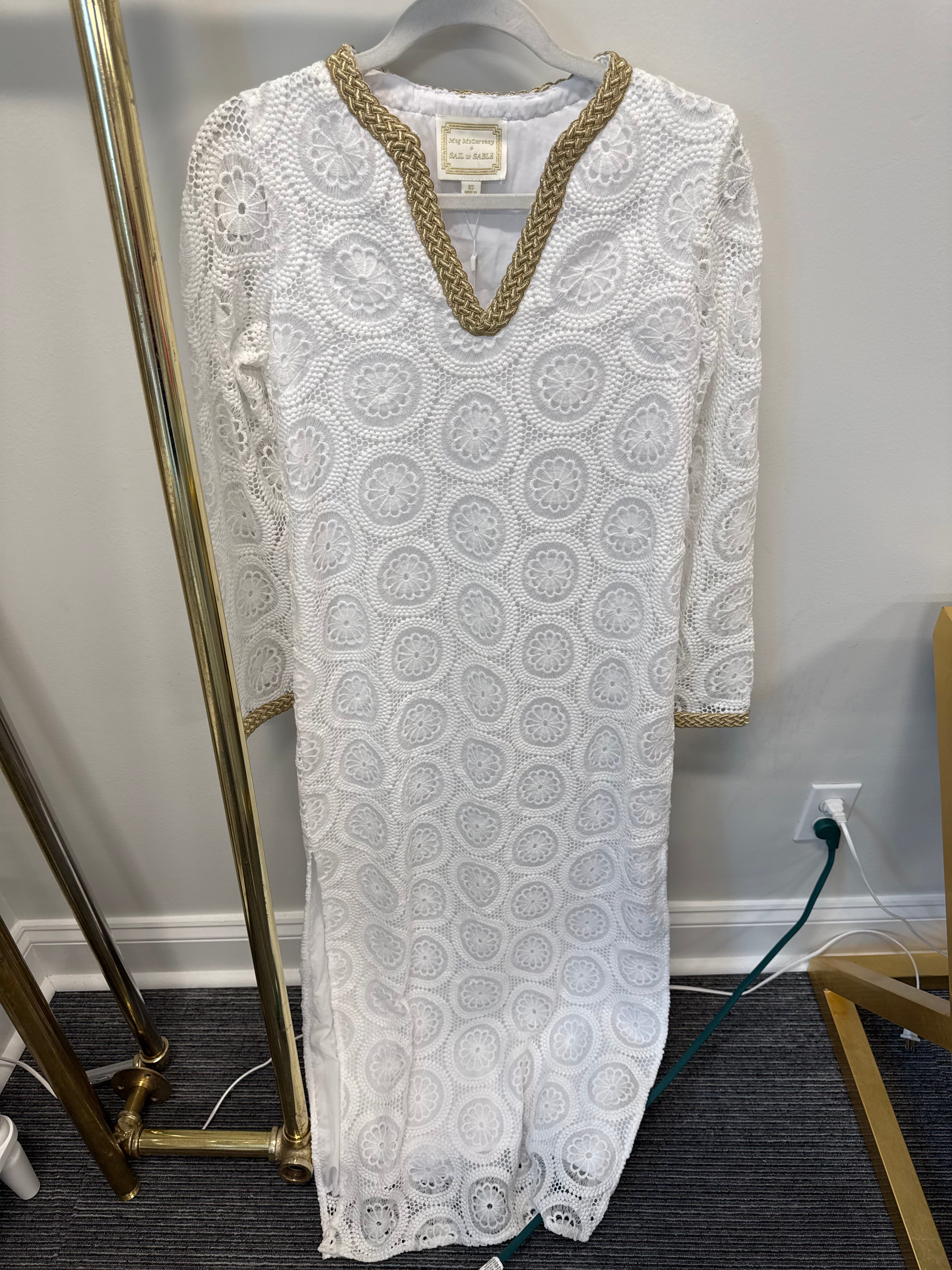 SAMPLE White Eyelet Maxi Dress With Gold Detail (XS)