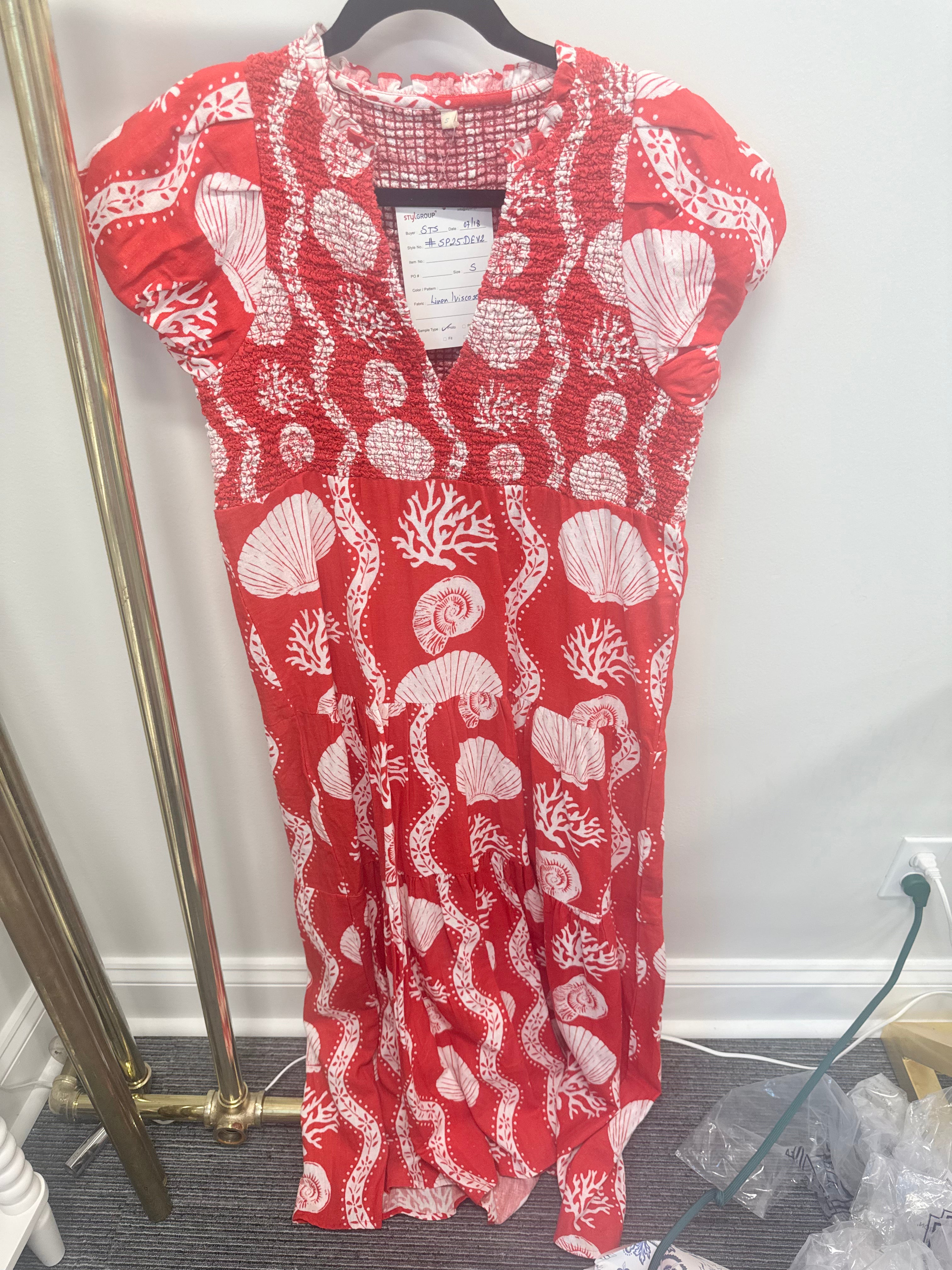 Sample Smocked Red Seashell Maxi Dress (S)